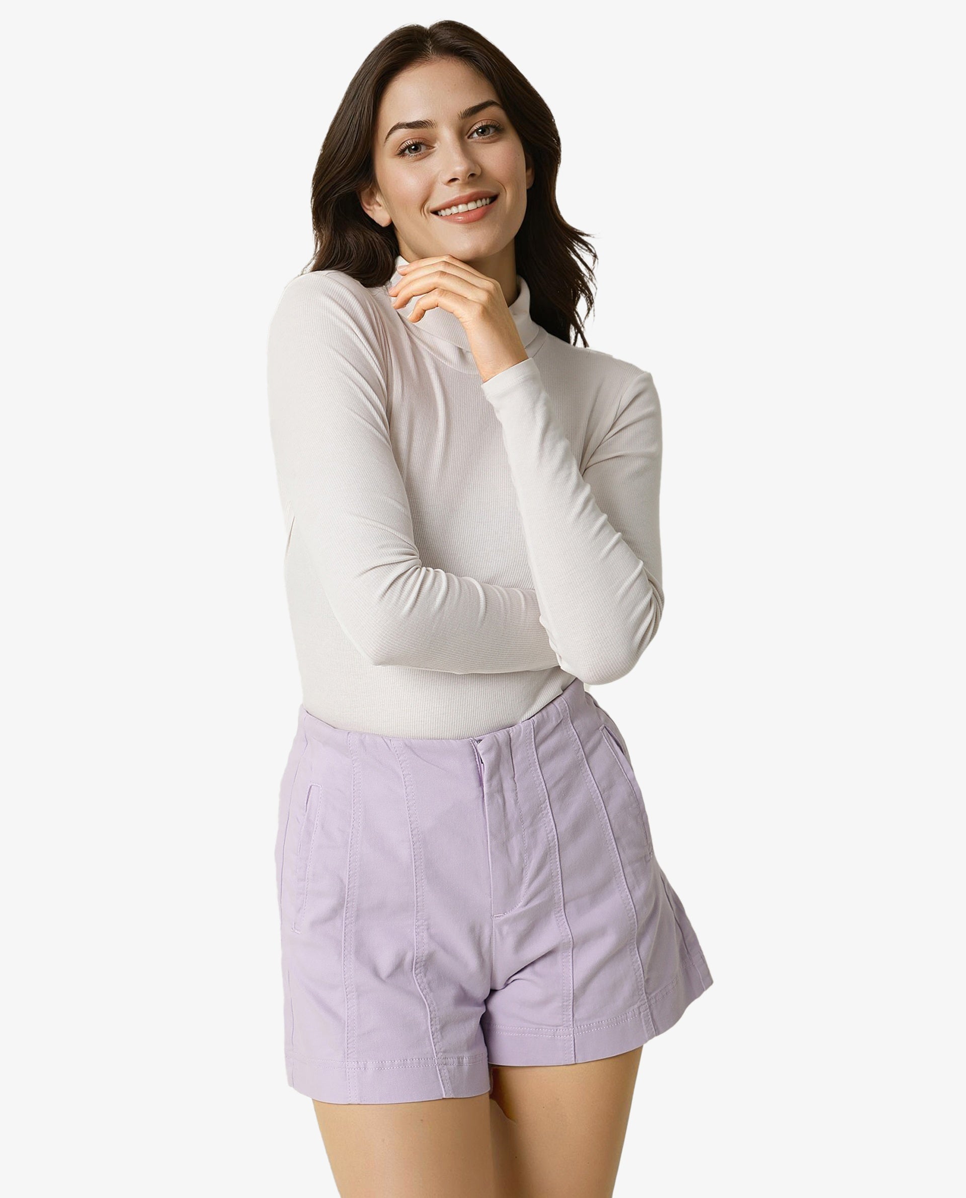 Rareism Women Painted Pastel Purple Cotton Lycra Fabric Regular Fit Solid High Rise Shorts
