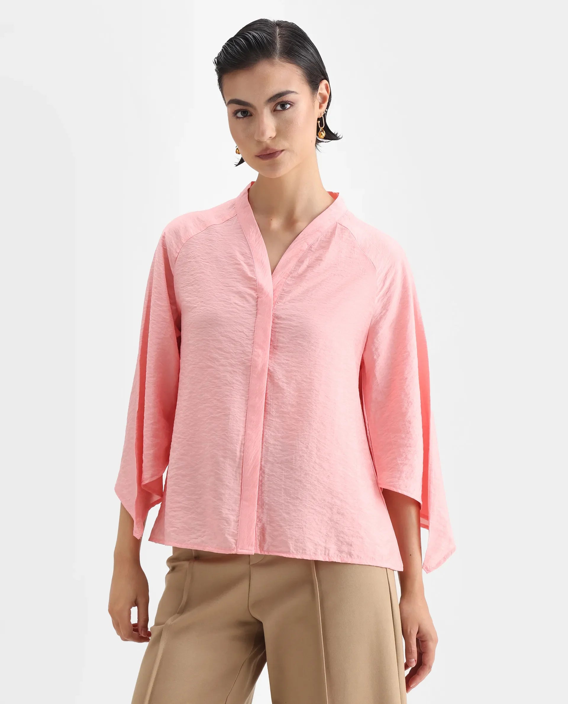 Rareism Women's Palak Light Peach Nylon Blend V-Neck Plain Raglan Sleeve Regular Fit Top