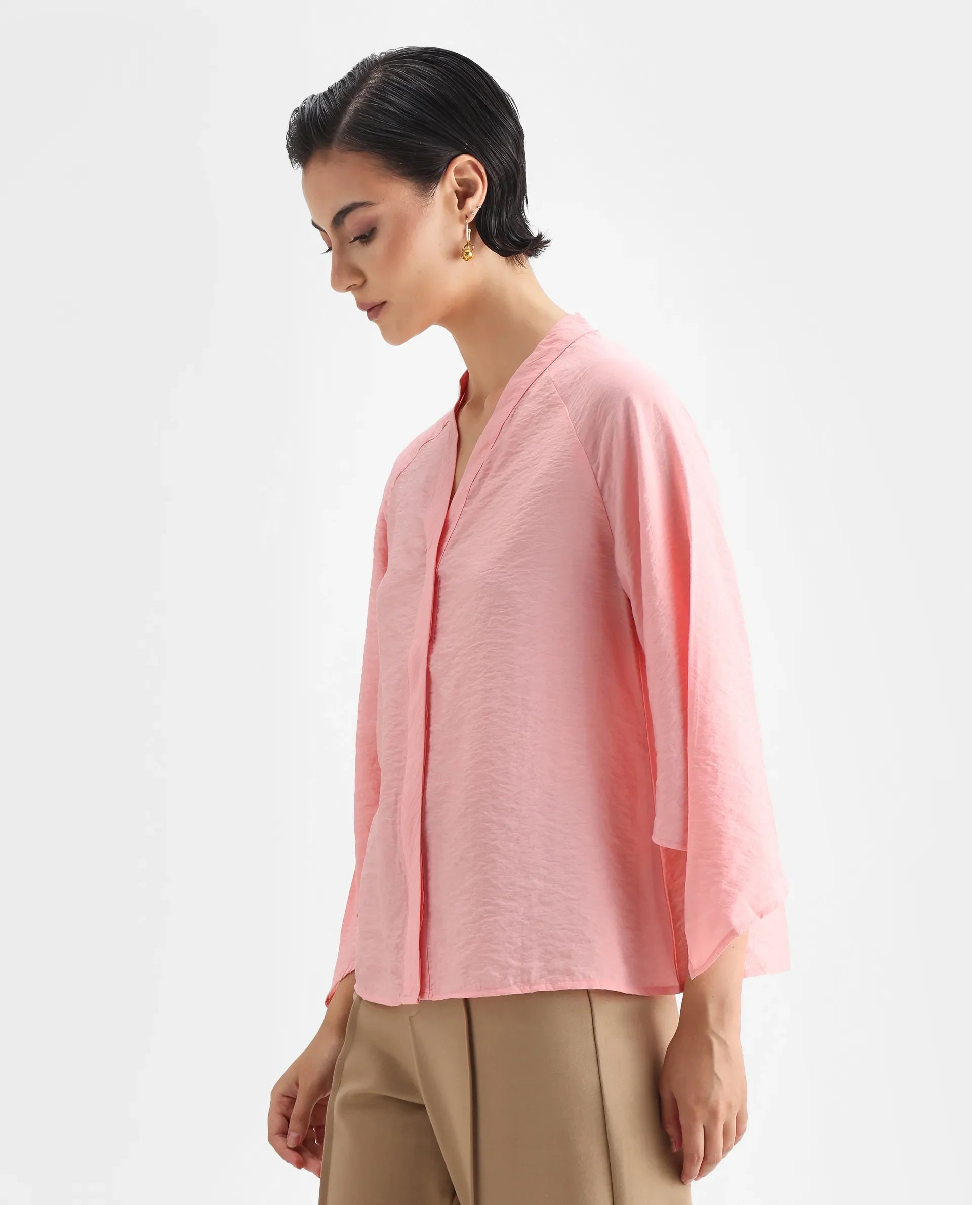 Rareism Women's Palak Light Peach Nylon Blend V-Neck Plain Raglan Sleeve Regular Fit Top