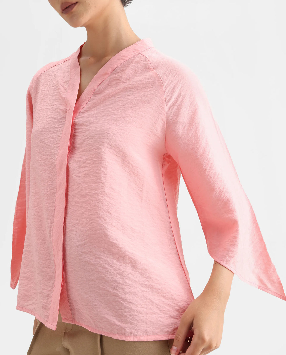 Rareism Women's Palak Light Peach Nylon Blend V-Neck Plain Raglan Sleeve Regular Fit Top