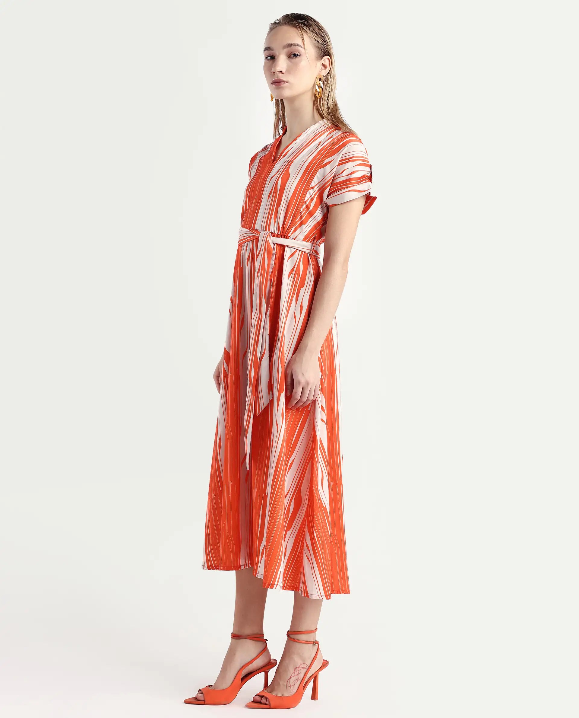 Rareism Women's Palbe Orange Polyester V-Neck Abstract Print Extended Sleeves Knee Length Regular Fit Dress