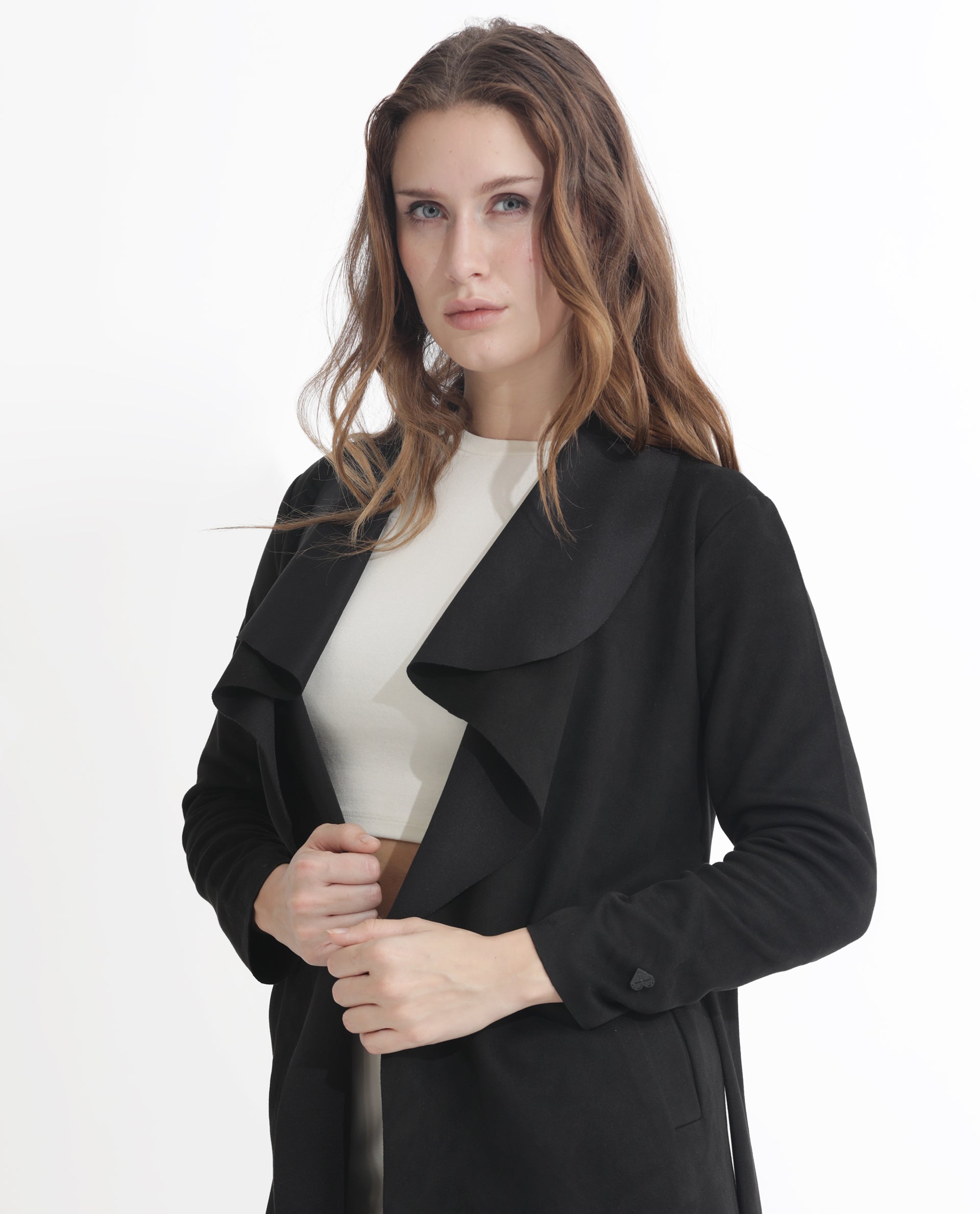 Rareism Women Palmer 1 Black Polyester Fabric Full Sleeves Solid Collarless Jacket