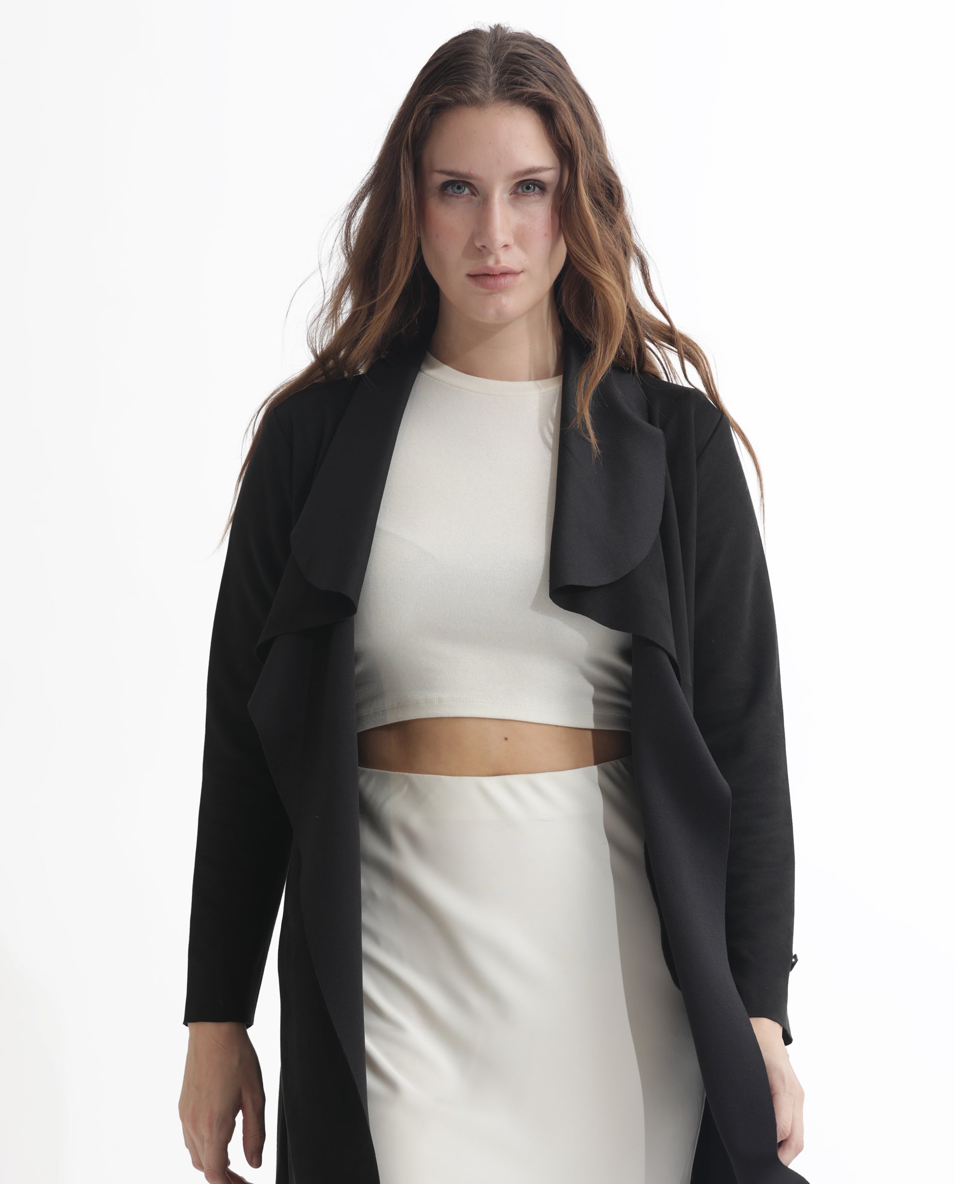 Rareism Women Palmer 1 Black Polyester Fabric Full Sleeves Solid Collarless Jacket