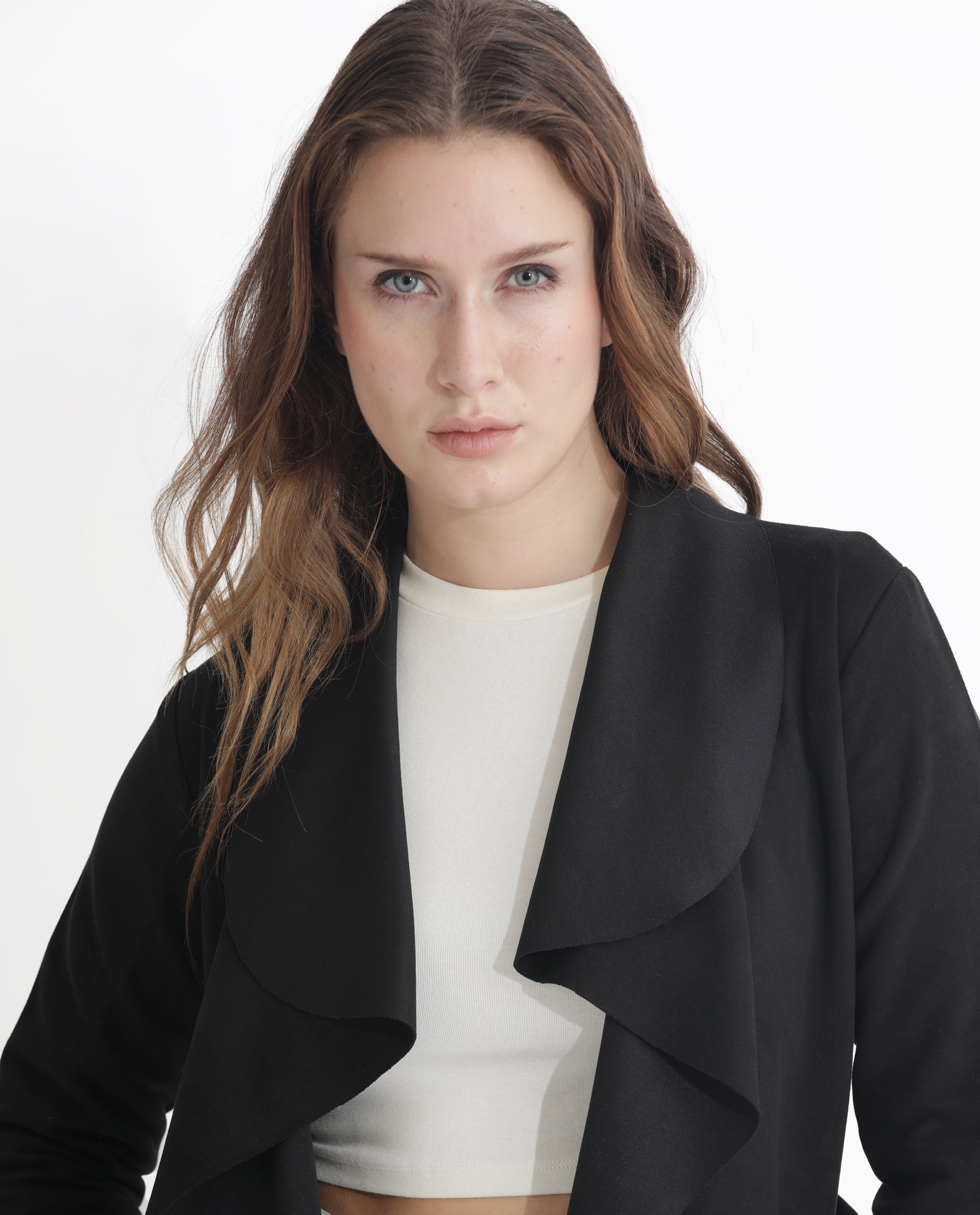 Rareism Women Palmer 1 Black Polyester Fabric Full Sleeves Solid Collarless Jacket