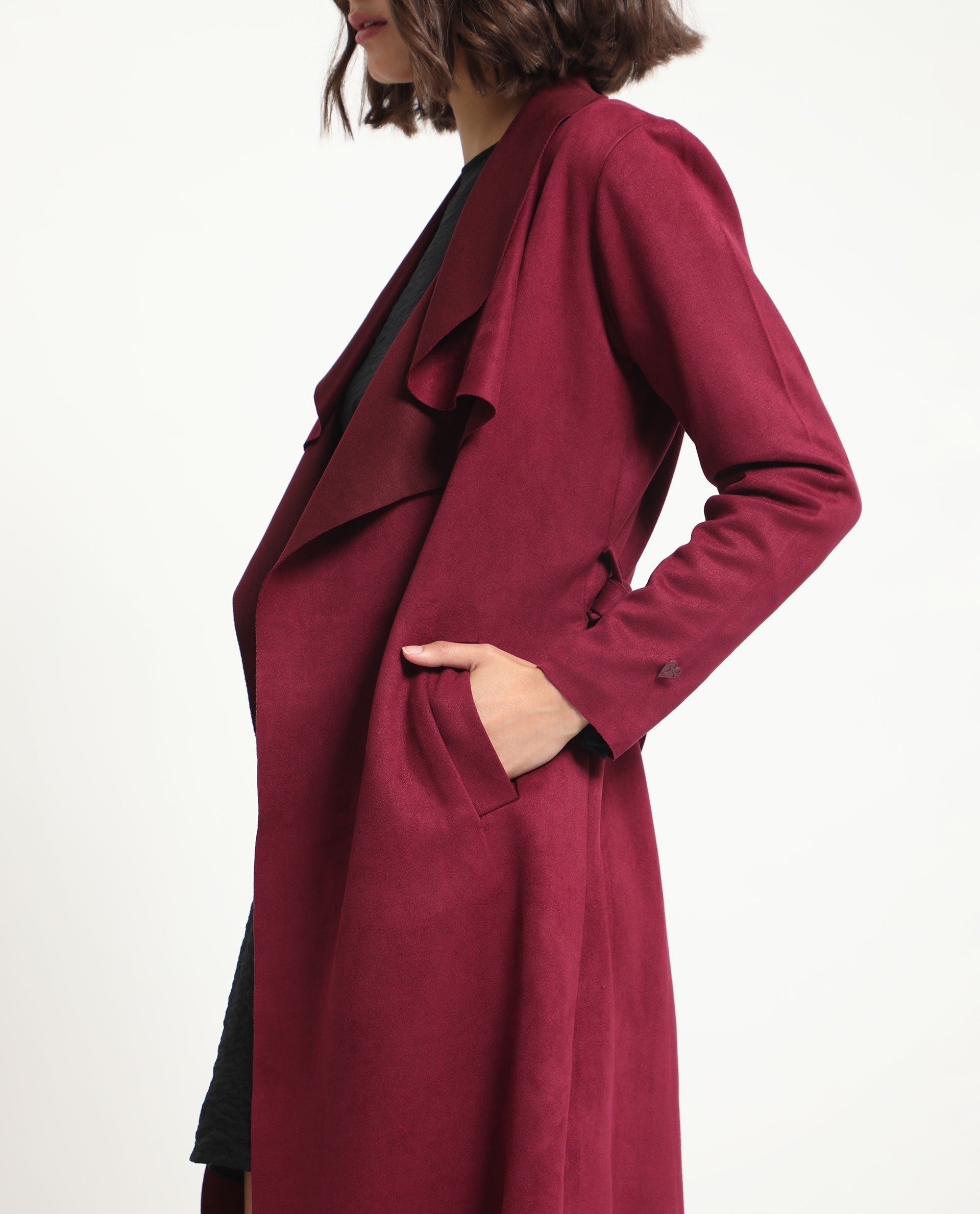 Rareism Women's Palmer 1 Maroon Polyester Cutaway Collar Plain Knee Length Relaxed Fit Jacket
