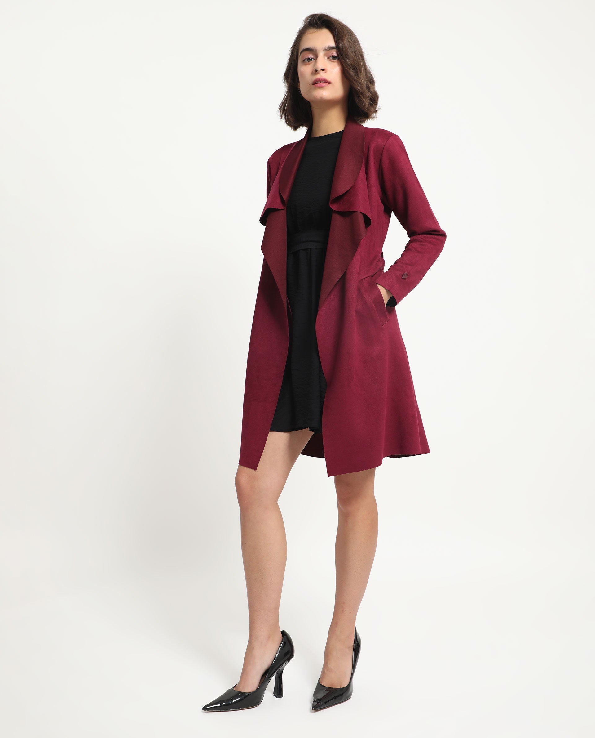Rareism Women's Palmer 1 Maroon Polyester Cutaway Collar Plain Knee Length Relaxed Fit Jacket