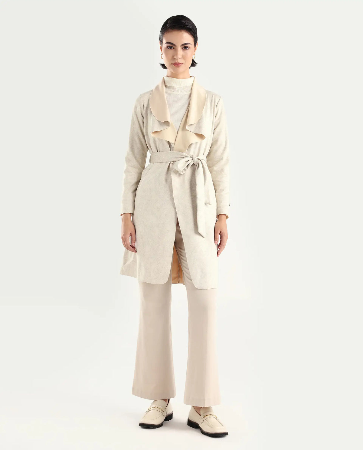 Rareism Women's Palmer 1 Beige Polyester Cutaway Collar Plain Knee Length Relaxed Fit Jacket