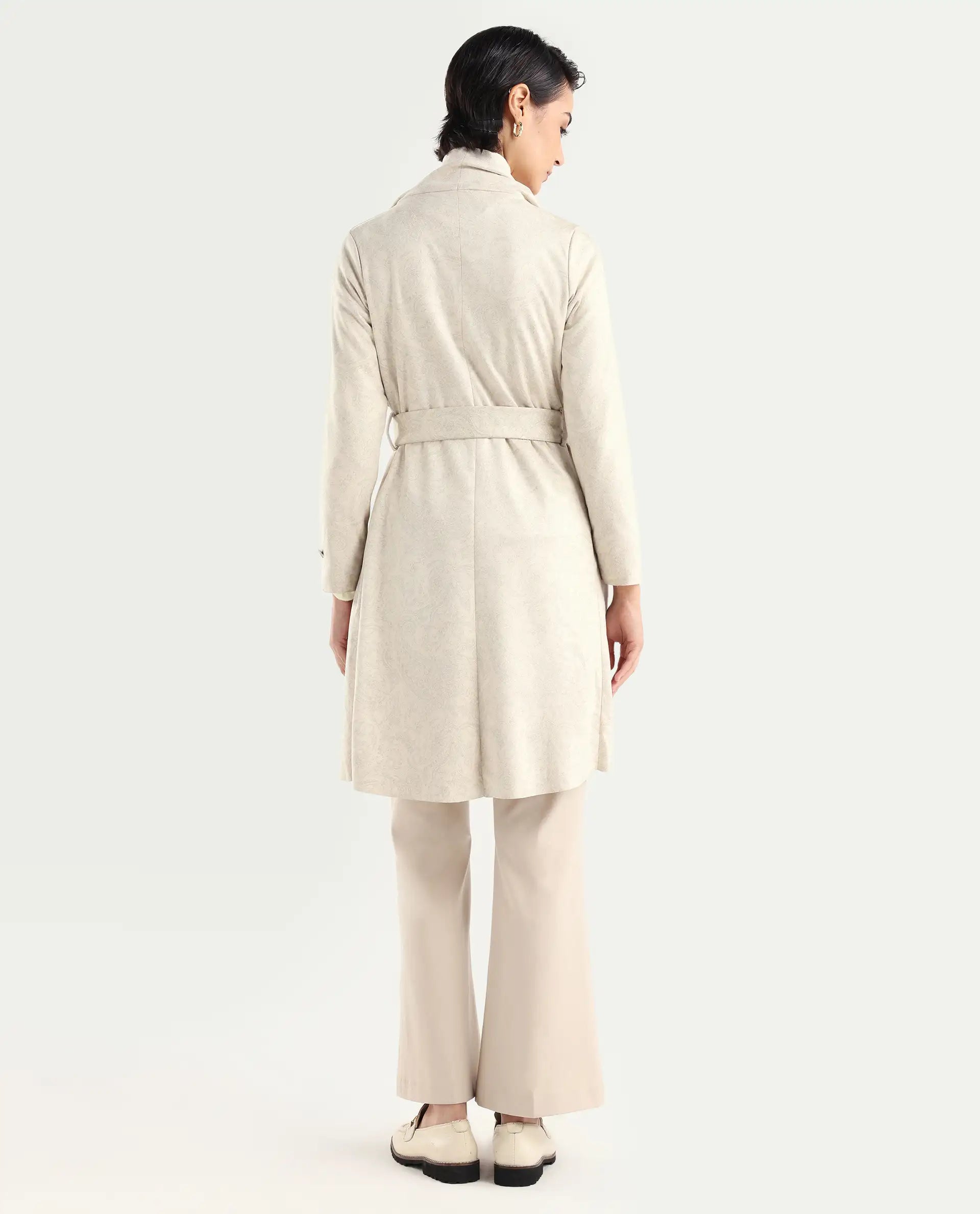 Rareism Women's Palmer 1 Beige Polyester Cutaway Collar Plain Knee Length Relaxed Fit Jacket