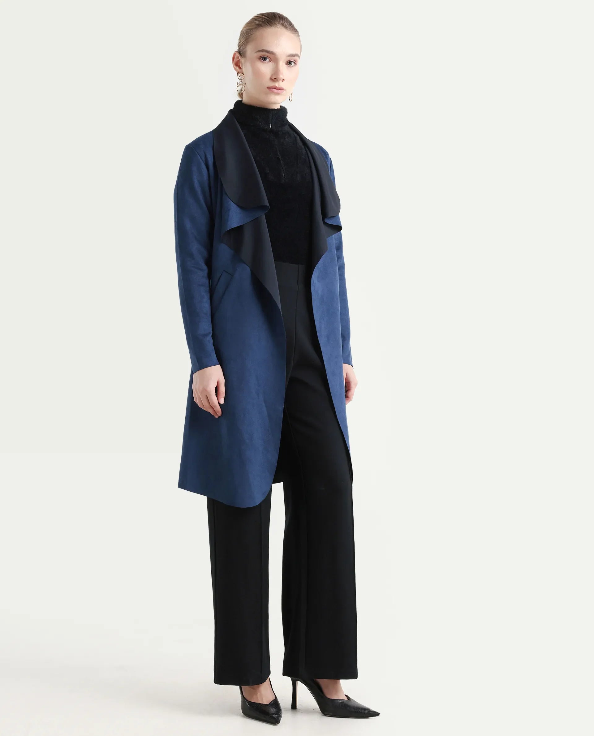 Rareism Women's Palmer-25 Navy Polyester Blend Lapel Neck Regular Fit Coat