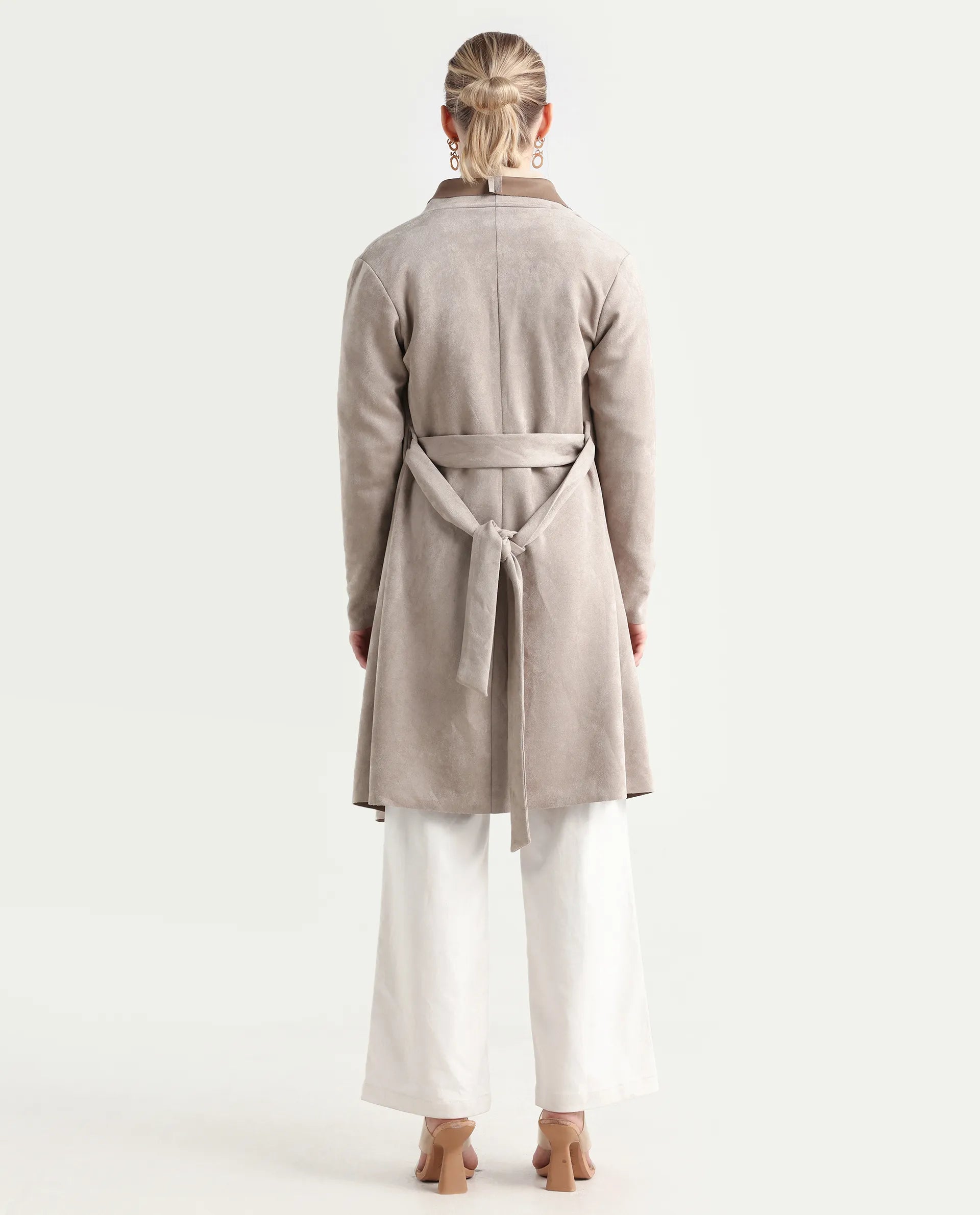 Rareism Women's Palmer-25 Off White Polyester Blend Fabric Lapel Neck Regular Fit Coat