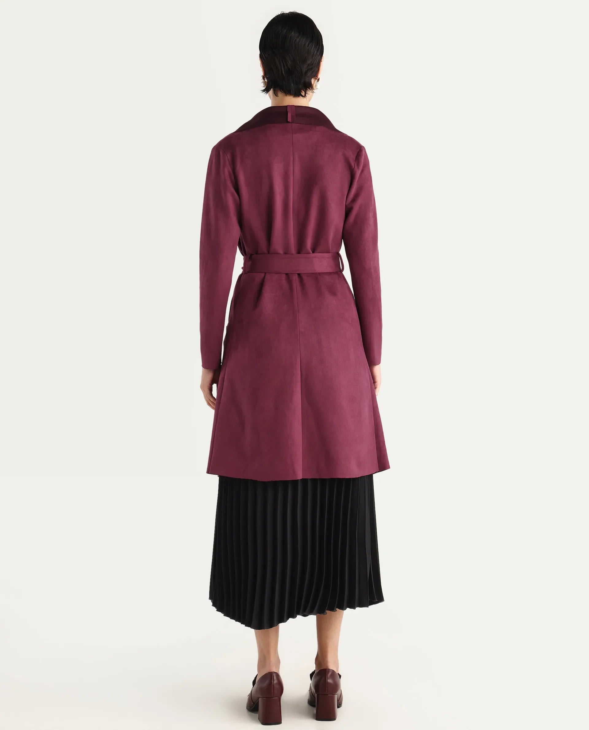Rareism Women's Palmer 2 Maroon Suede Waterfall Neck Plain Midi Boxy Fit Jacket