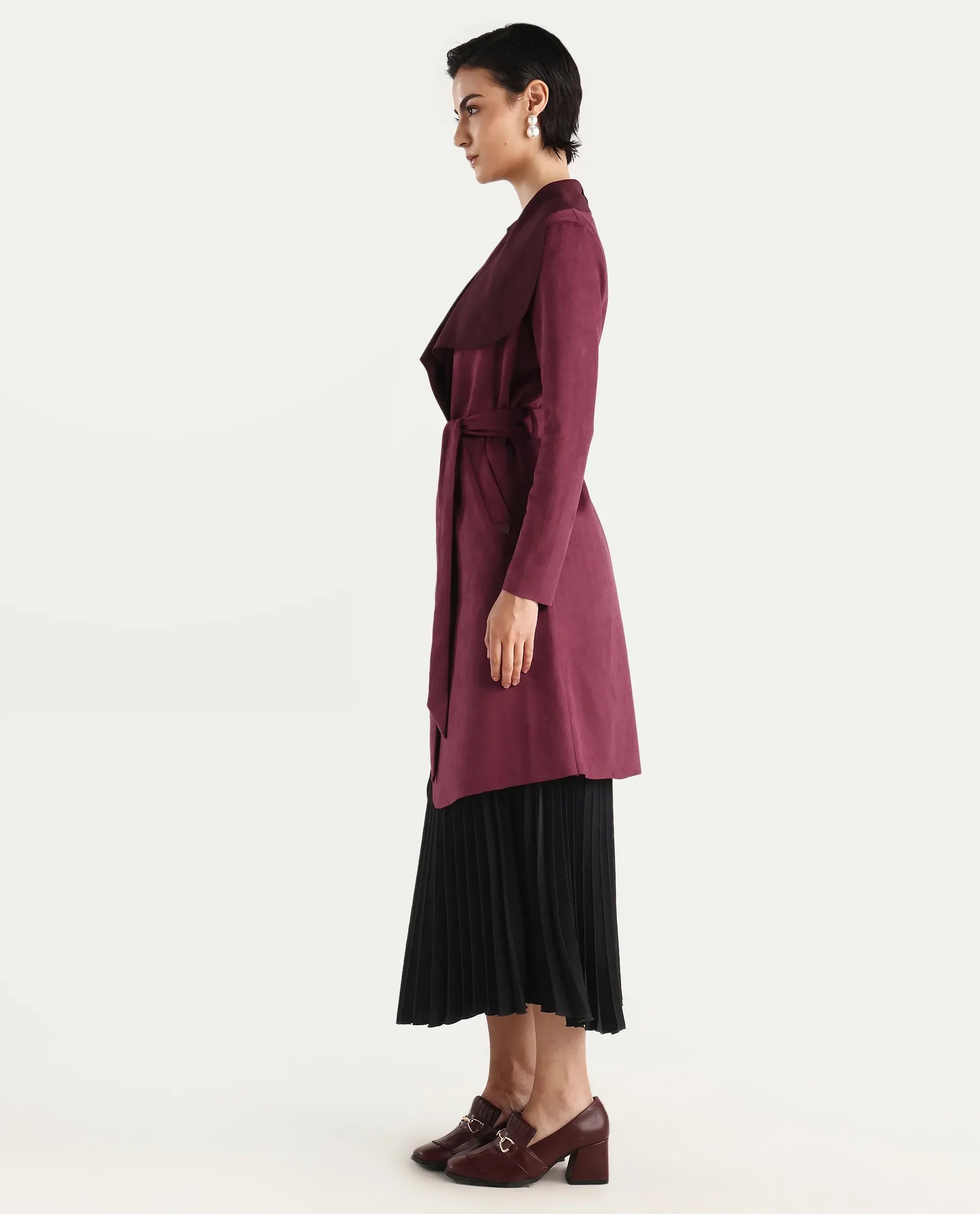 Rareism Women's Palmer 2 Maroon Suede Waterfall Neck Plain Midi Boxy Fit Jacket