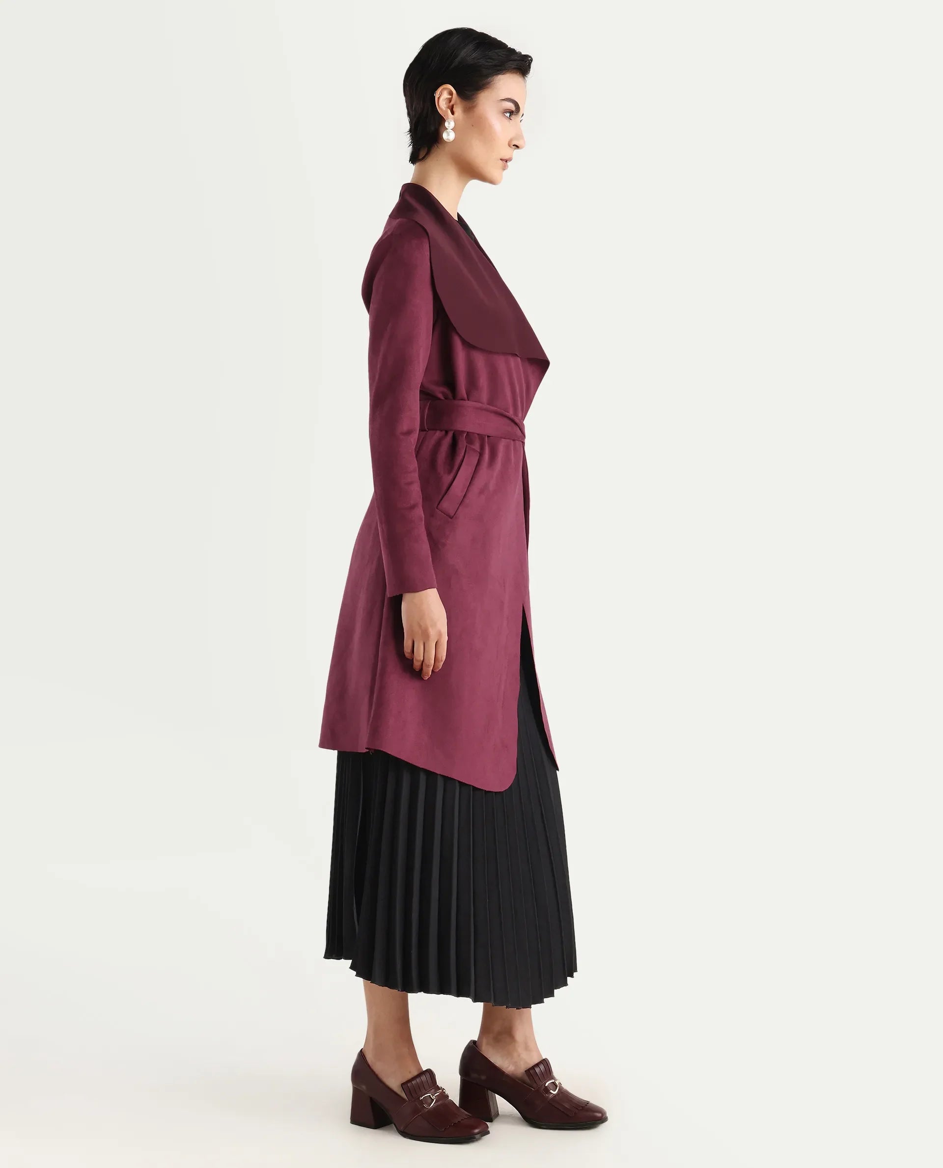 Rareism Women's Palmer 2 Maroon Polyester Blend Waterfall Neck Plain Midi Boxy Fit Jacket