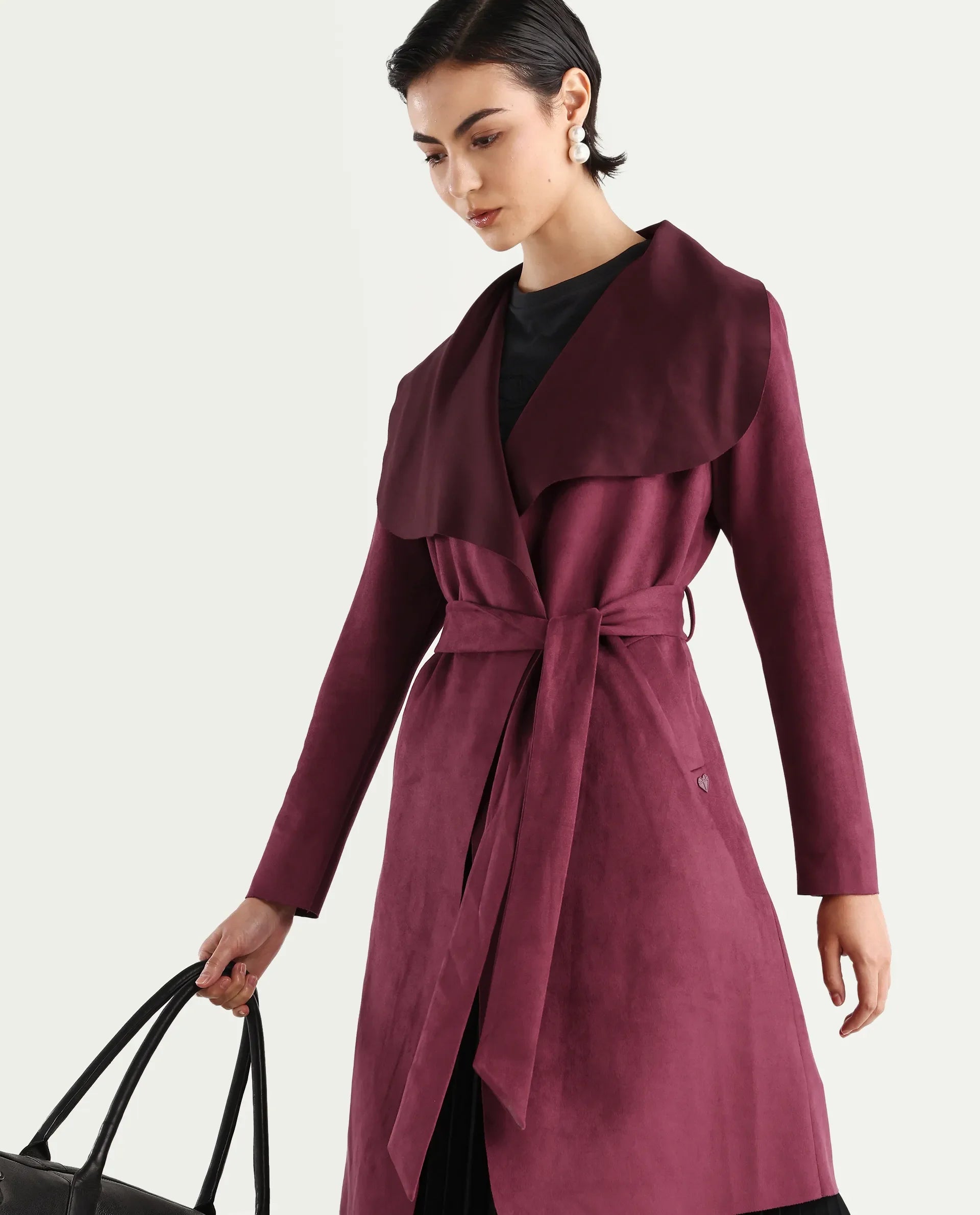 Rareism Women's Palmer 2 Maroon Suede Waterfall Neck Plain Midi Boxy Fit Jacket