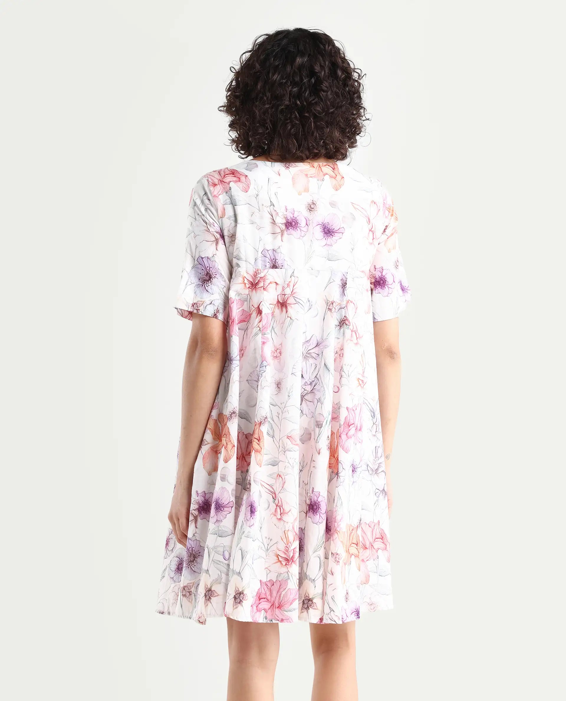 Rareism Women's Paola Multi Cotton Lapel Neck Floral Print Knee Length Flared Dress