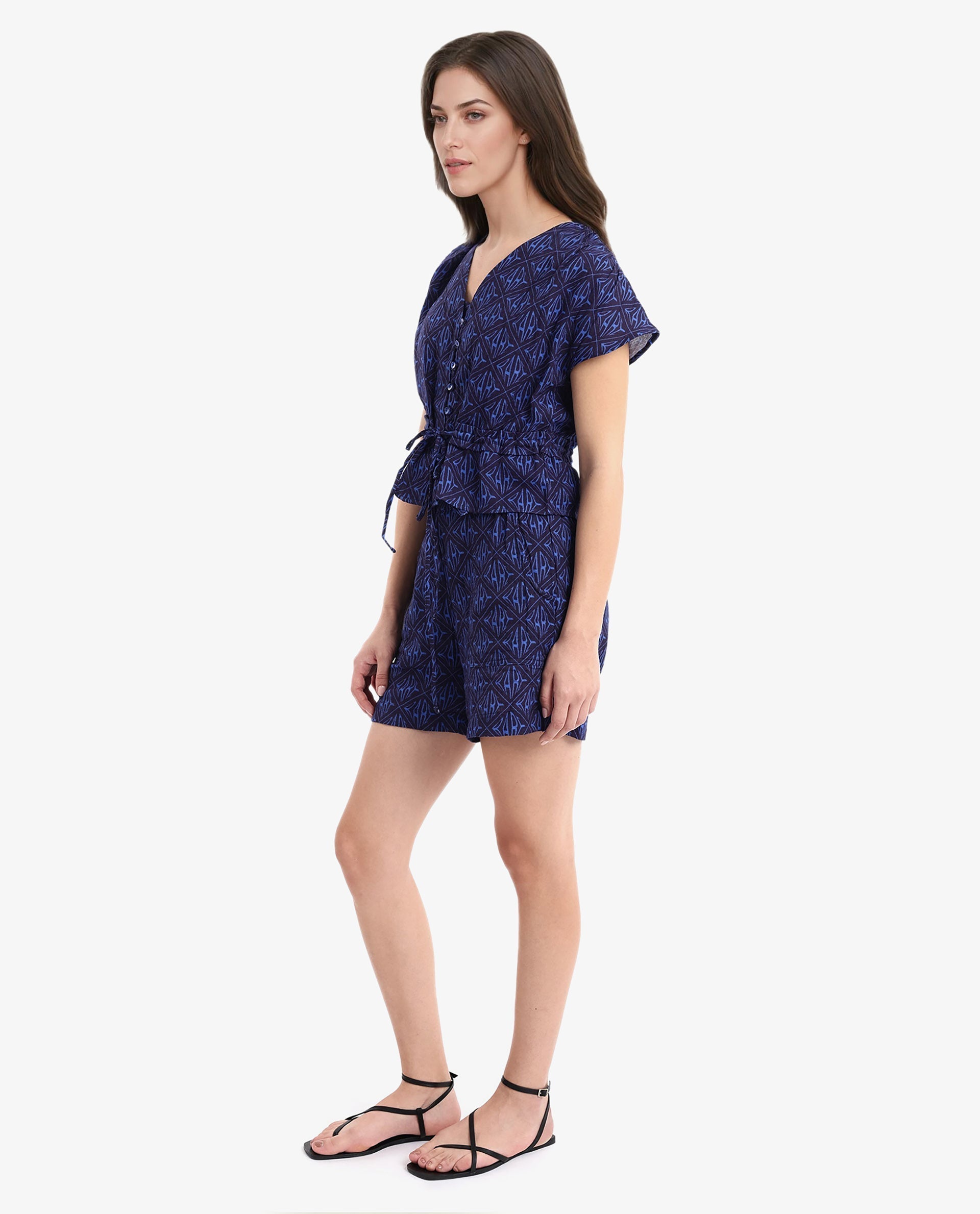 Rareism Women's Parma Dark Blue Cotton Blend Monogram Print Mini Regular Fit Shorts