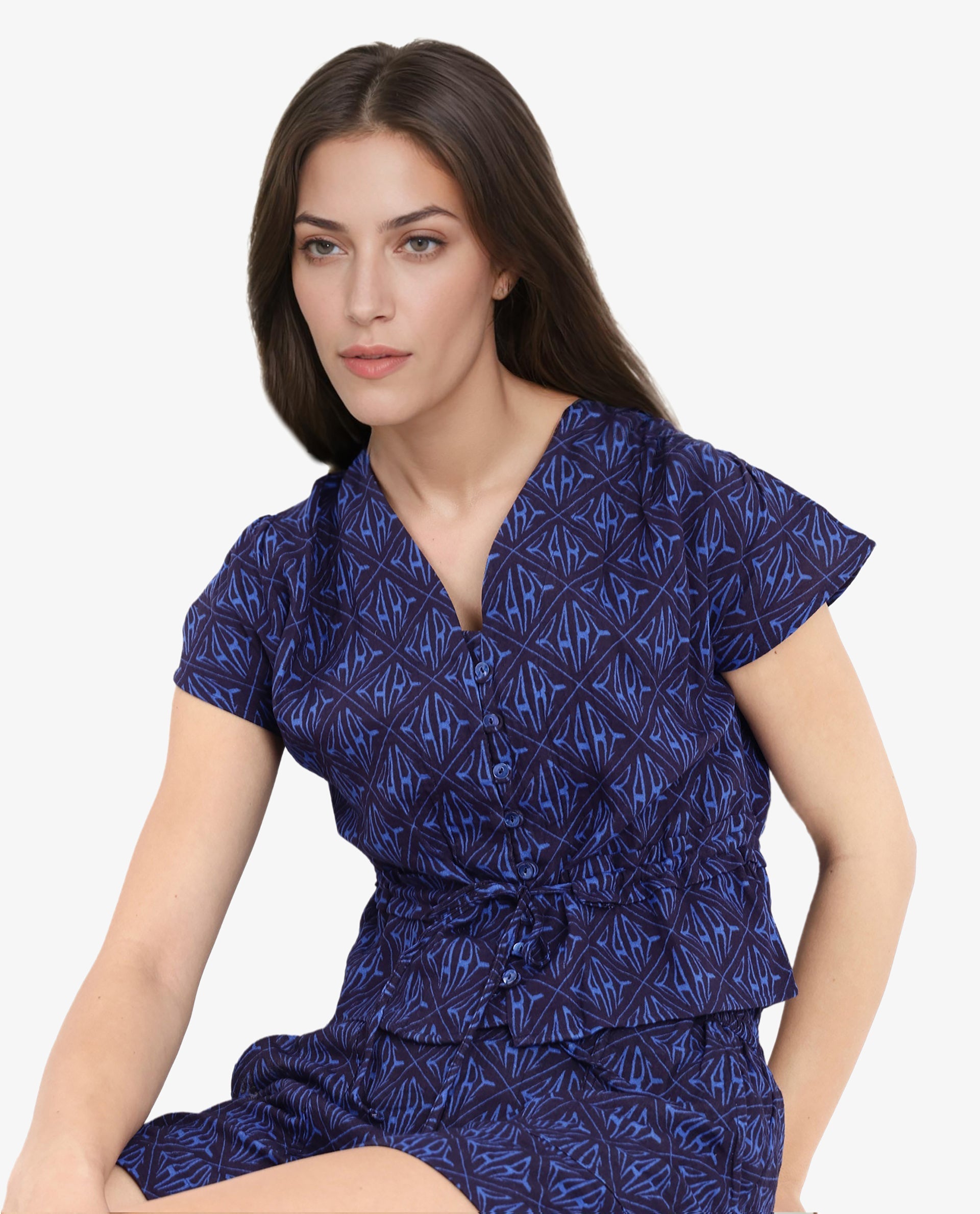 Rareism Women's Parma Dark Blue Cotton Blend Monogram Print Mini Regular Fit Shorts