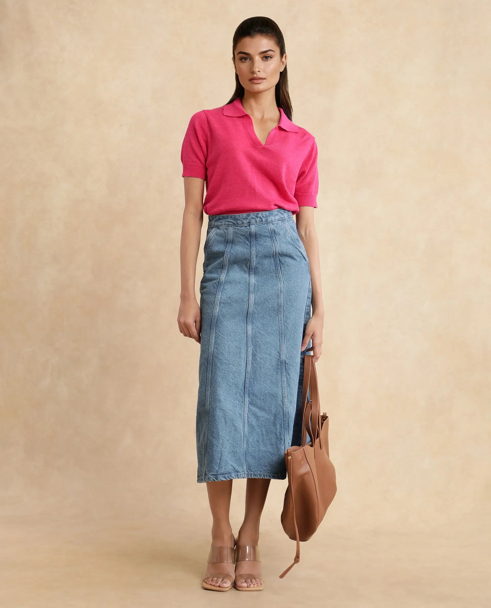 Rareism Women's Parrit Blue Cotton Plain Midi Flared Skirt