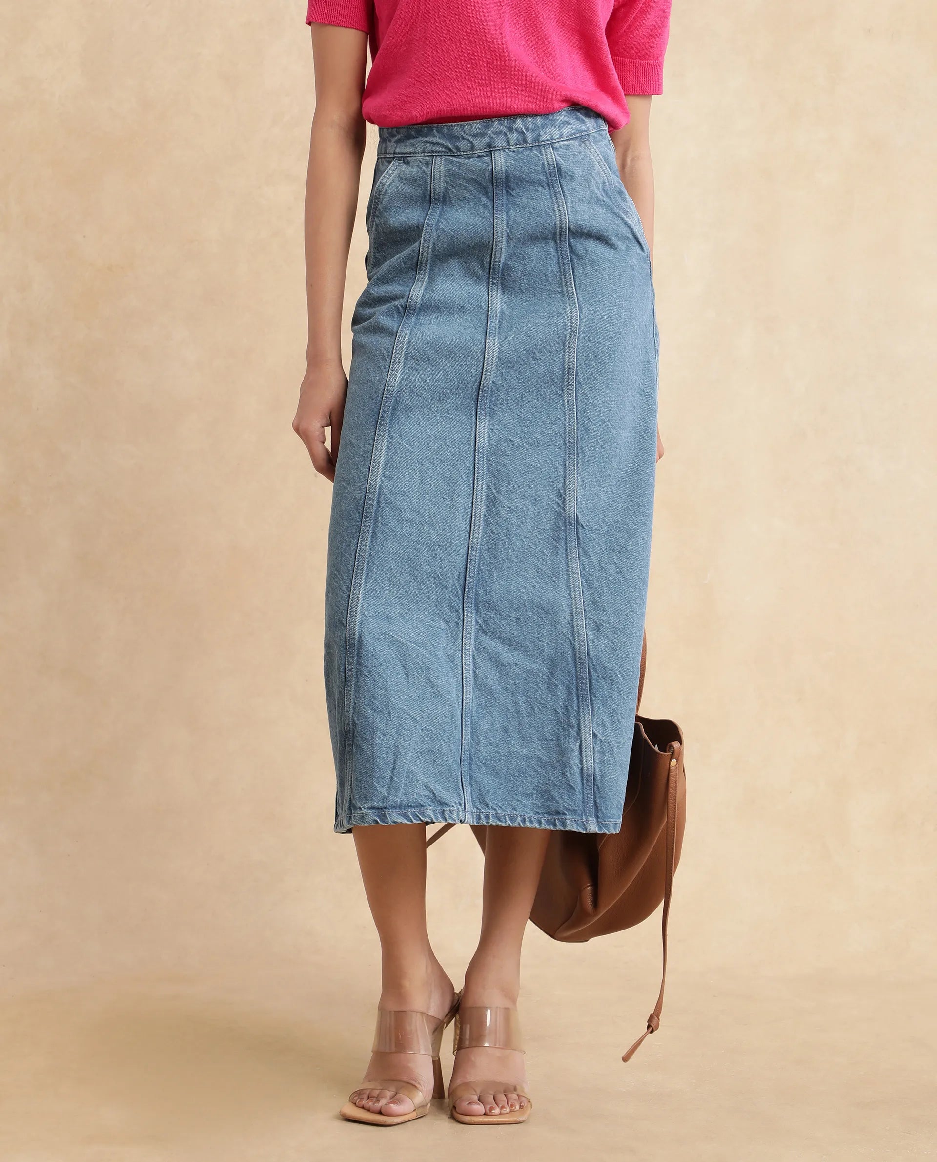 Rareism Women's Parrit Blue Cotton Plain Midi Flared Skirt
