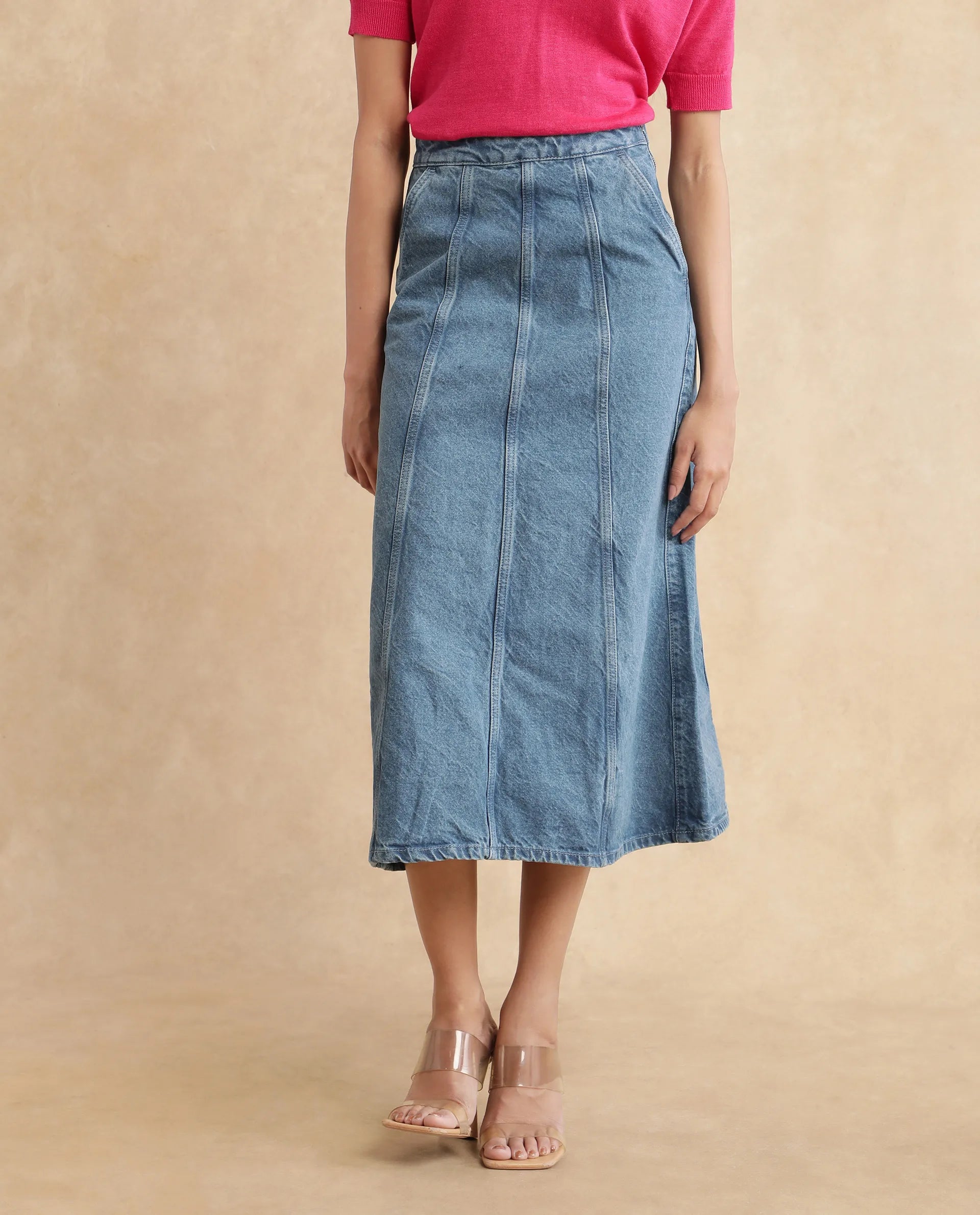 Rareism Women's Parrit Blue Cotton Plain Midi Flared Skirt