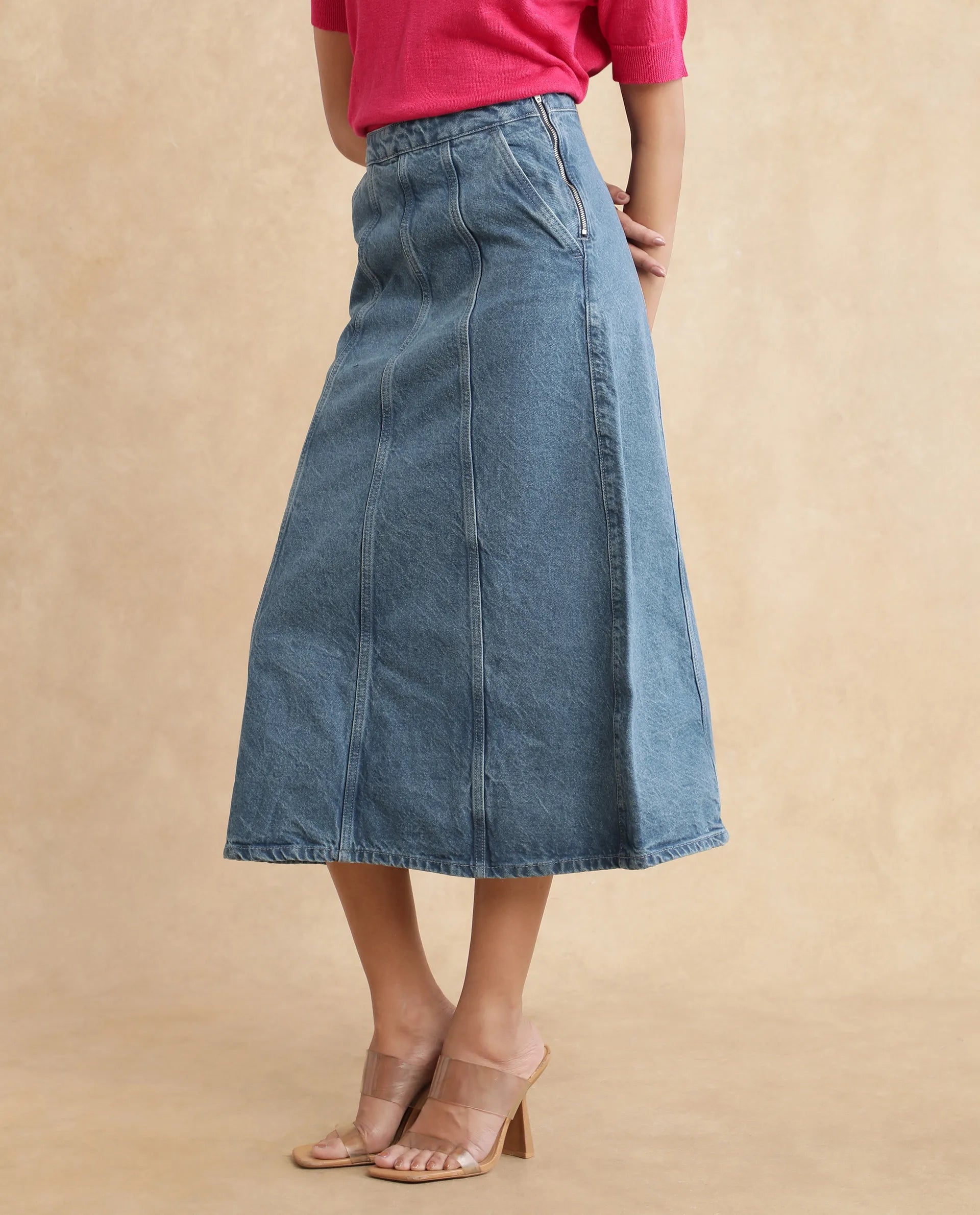 Rareism Women's Parrit Blue Cotton Plain Midi Flared Skirt
