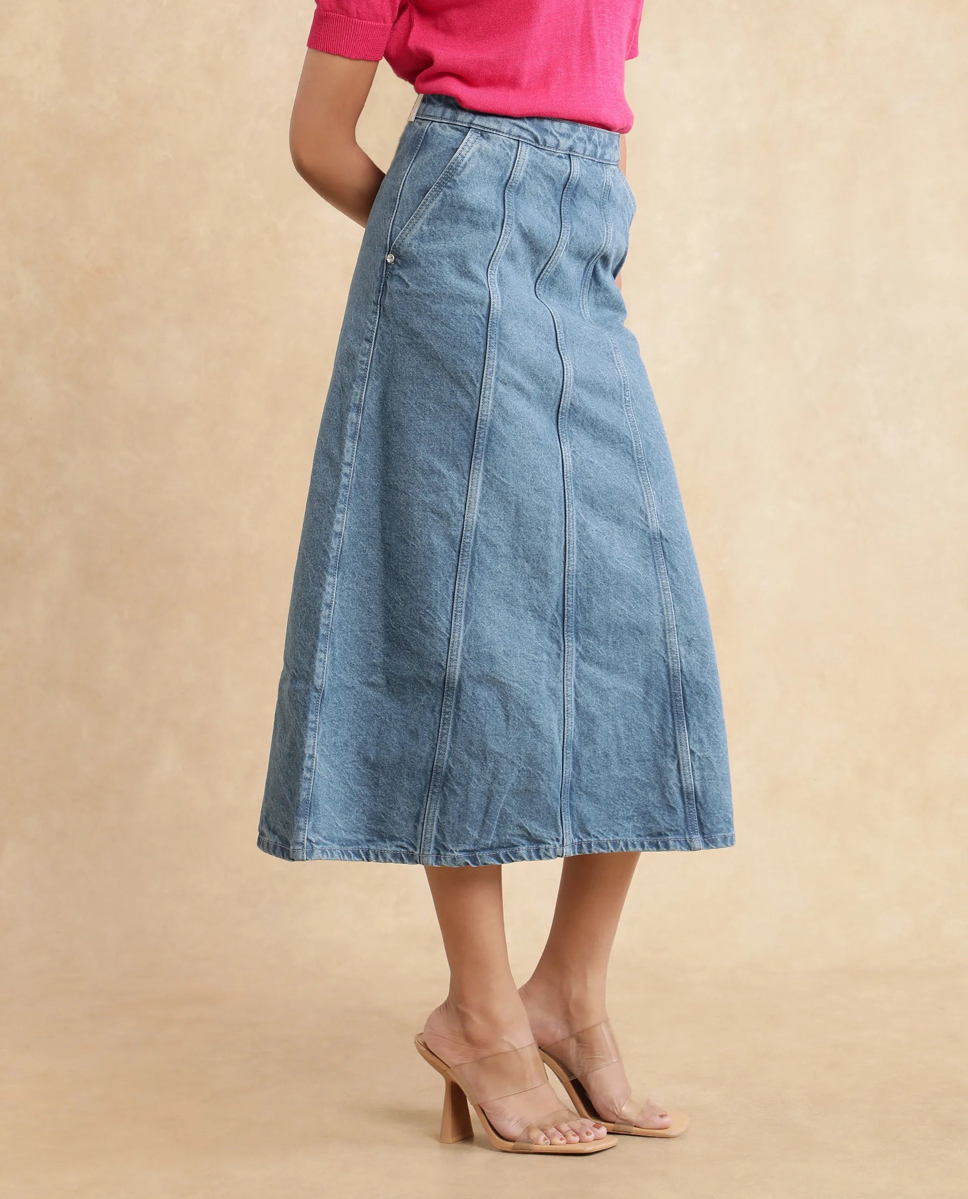 Rareism Women's Parrit Blue Cotton Plain Midi Flared Skirt