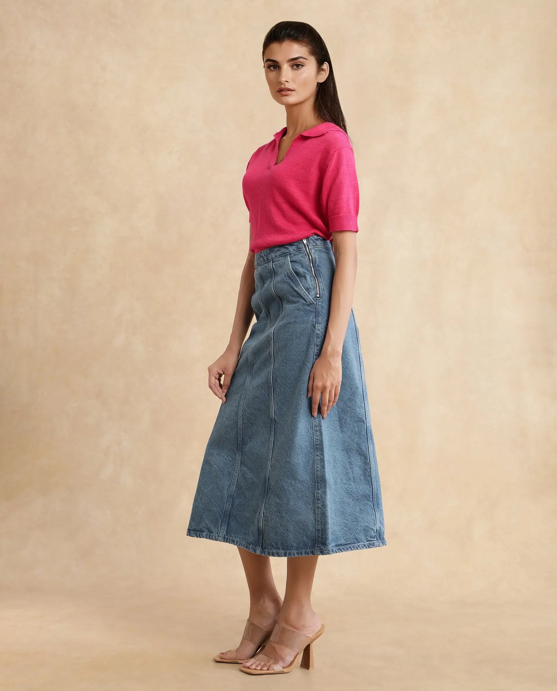 Rareism Women's Parrit Blue Cotton Plain Midi Flared Skirt