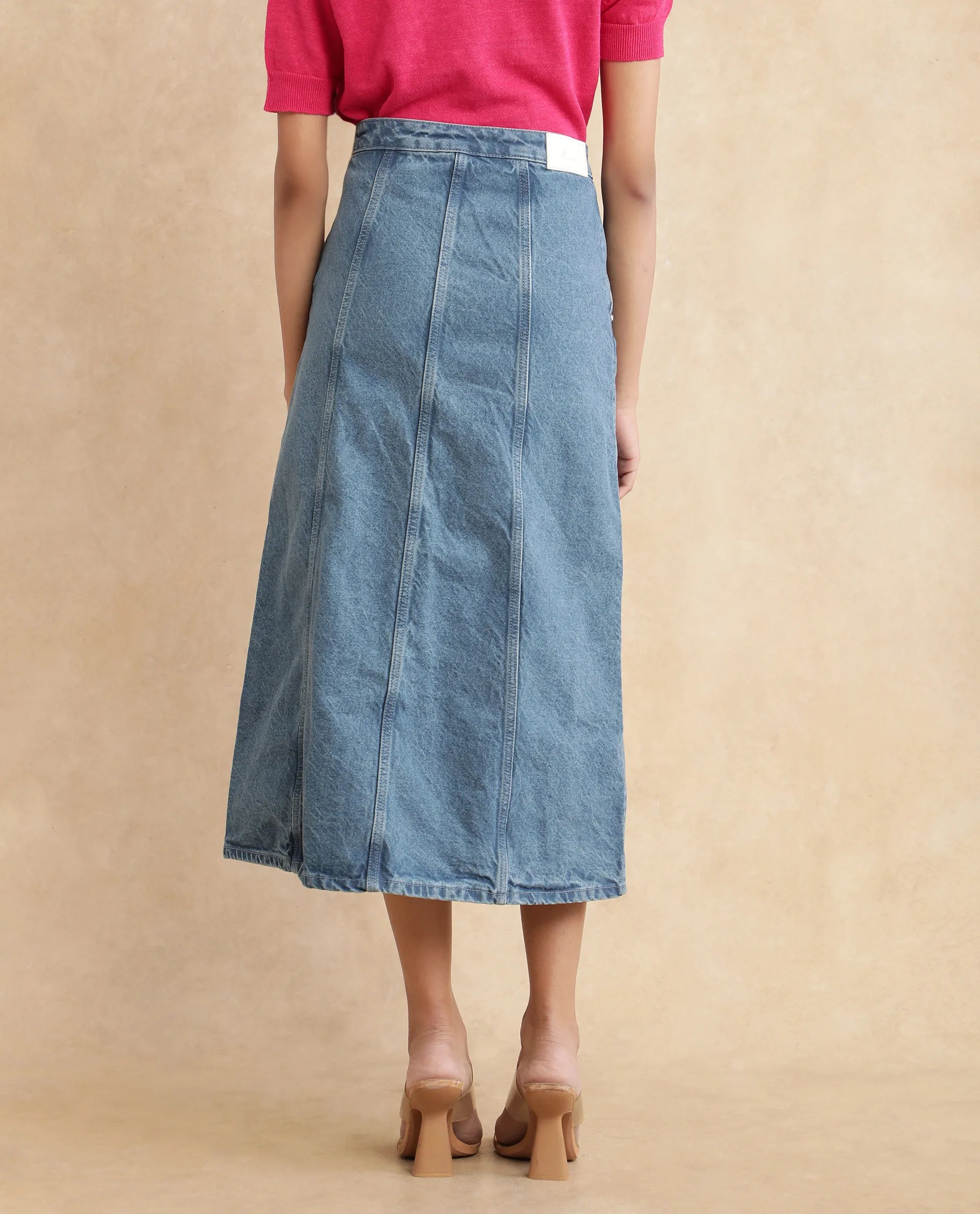 Rareism Women's Parrit Blue Cotton Plain Midi Flared Skirt