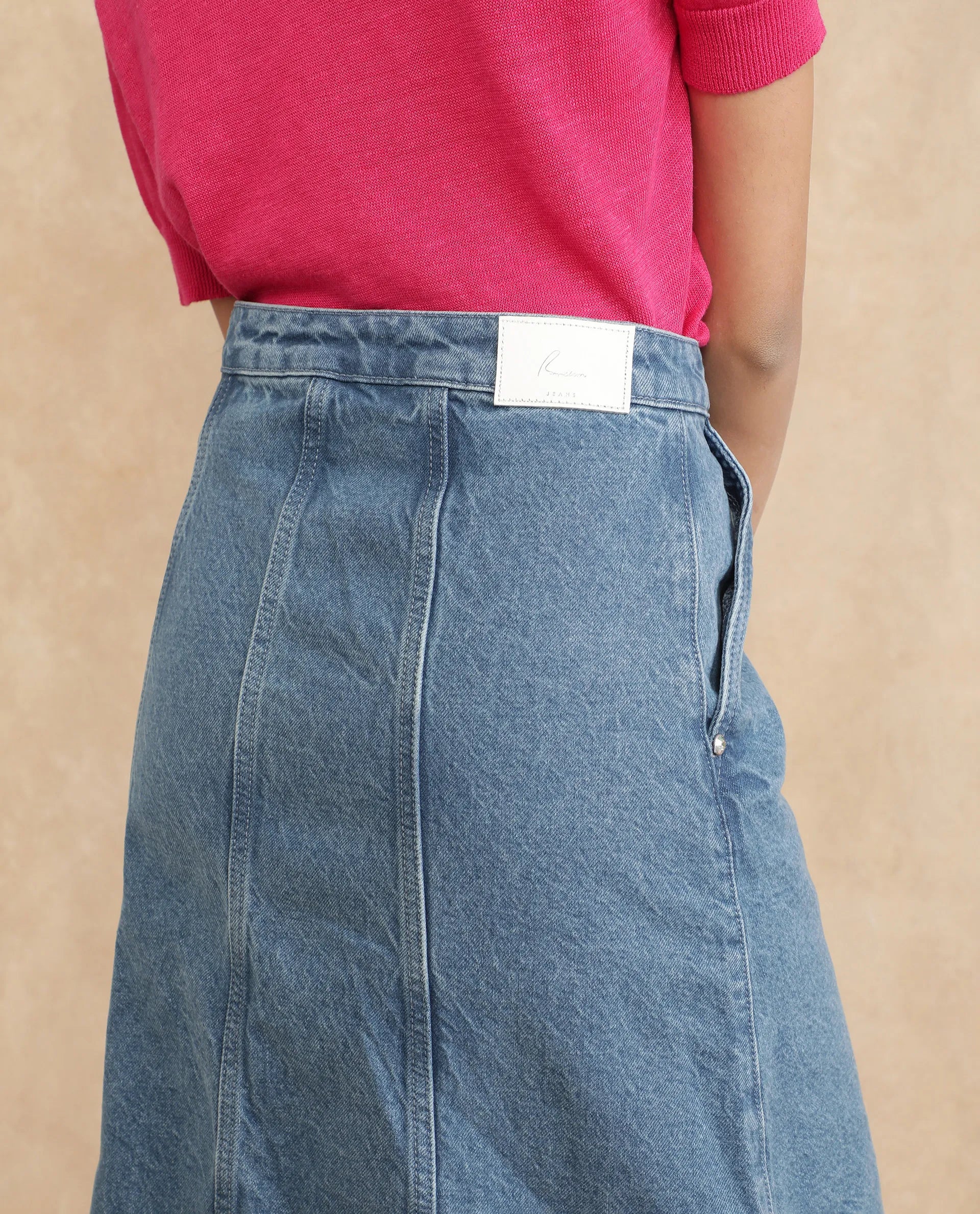 Rareism Women's Parrit Blue Cotton Plain Midi Flared Skirt