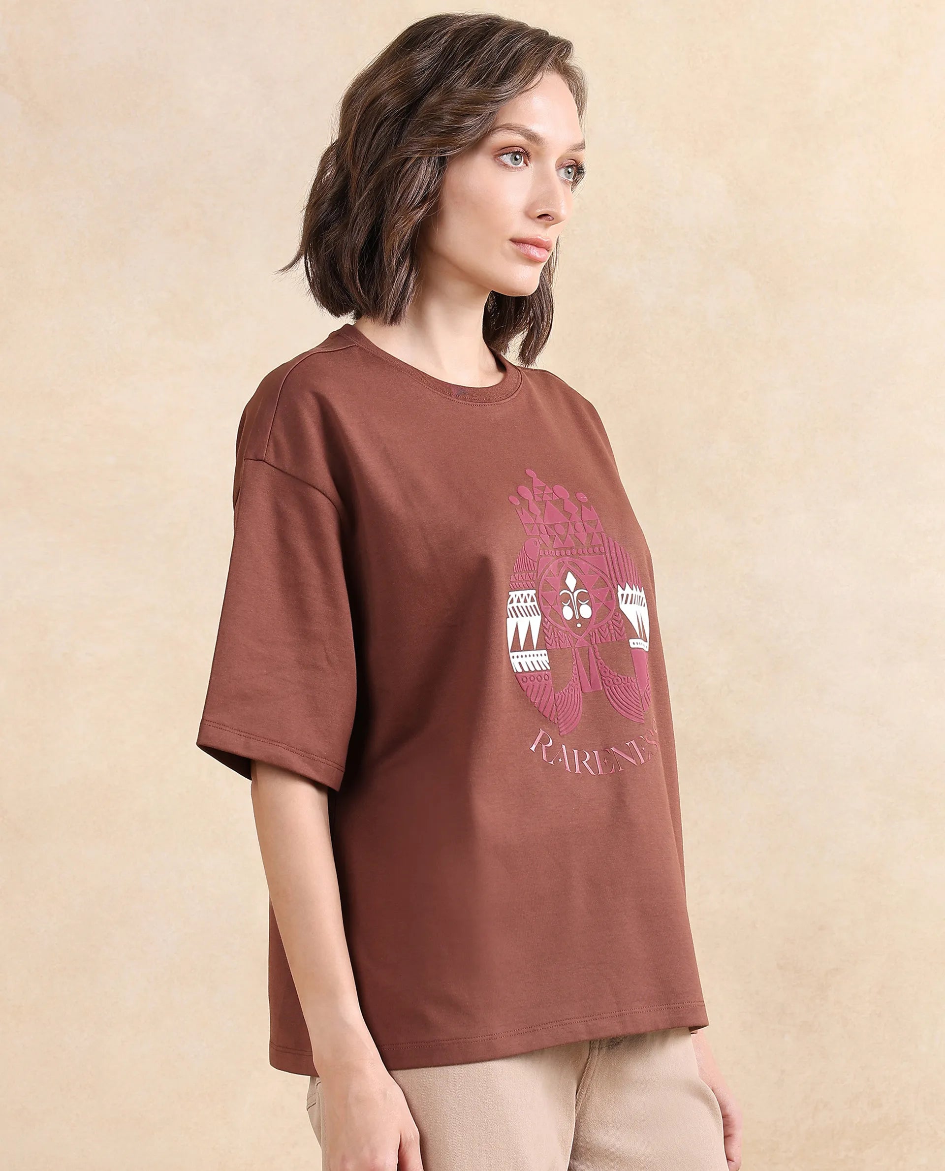 Rareism Women's Patch Brown Cotton Blend Crew Neck Graphic Print Oversized T-Shirt