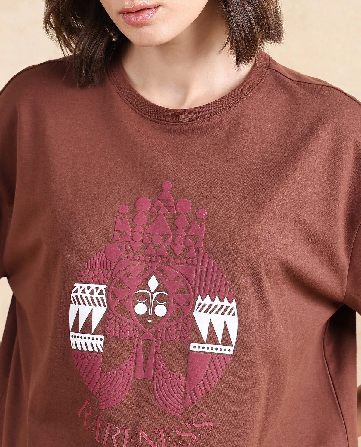 Rareism Women Patch Brown Cotton Blend Fabric Short Sleeve Crew Neck Oversized Fit Graphic Print T-Shirt