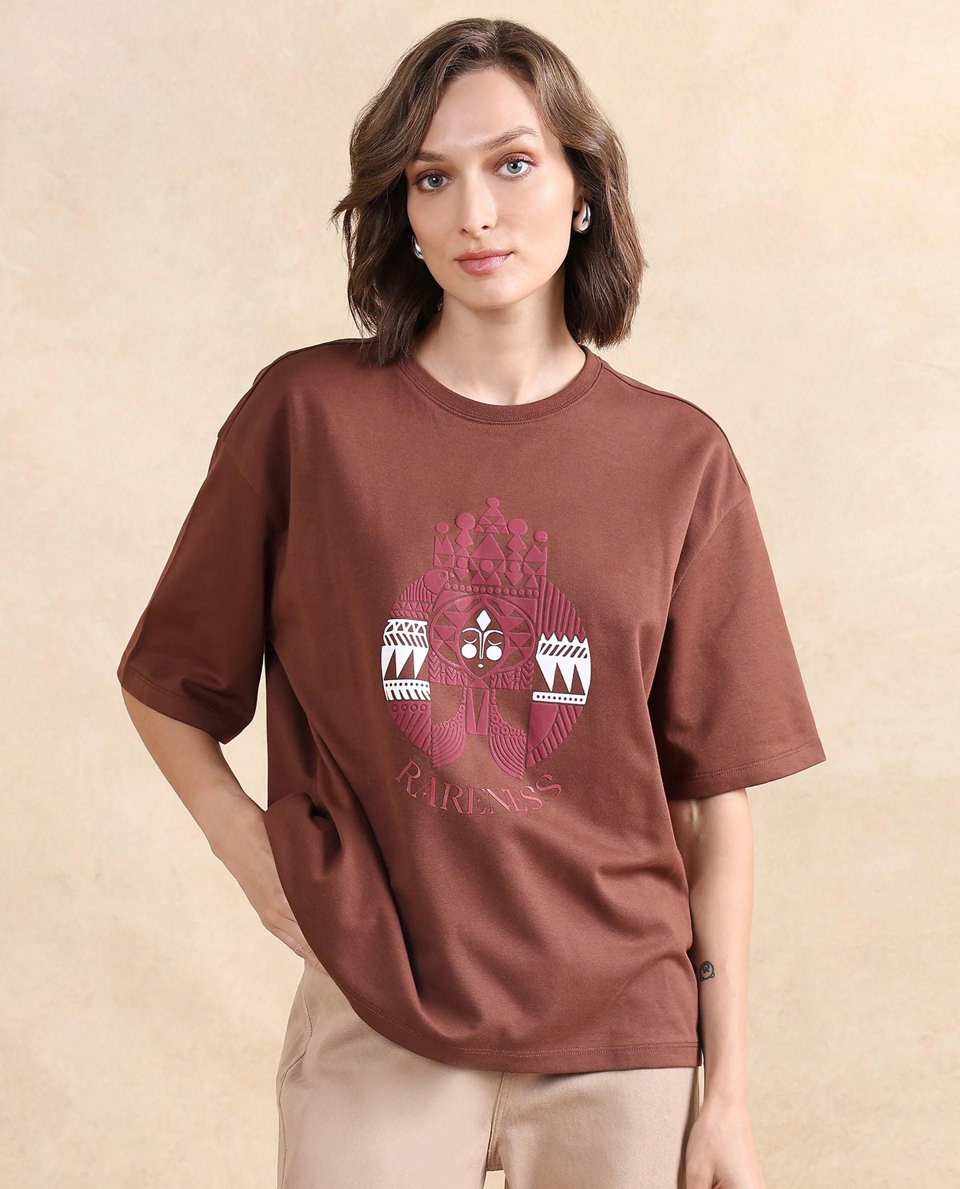 Rareism Women's Patch Brown Cotton Blend Crew Neck Graphic Print Oversized T-Shirt