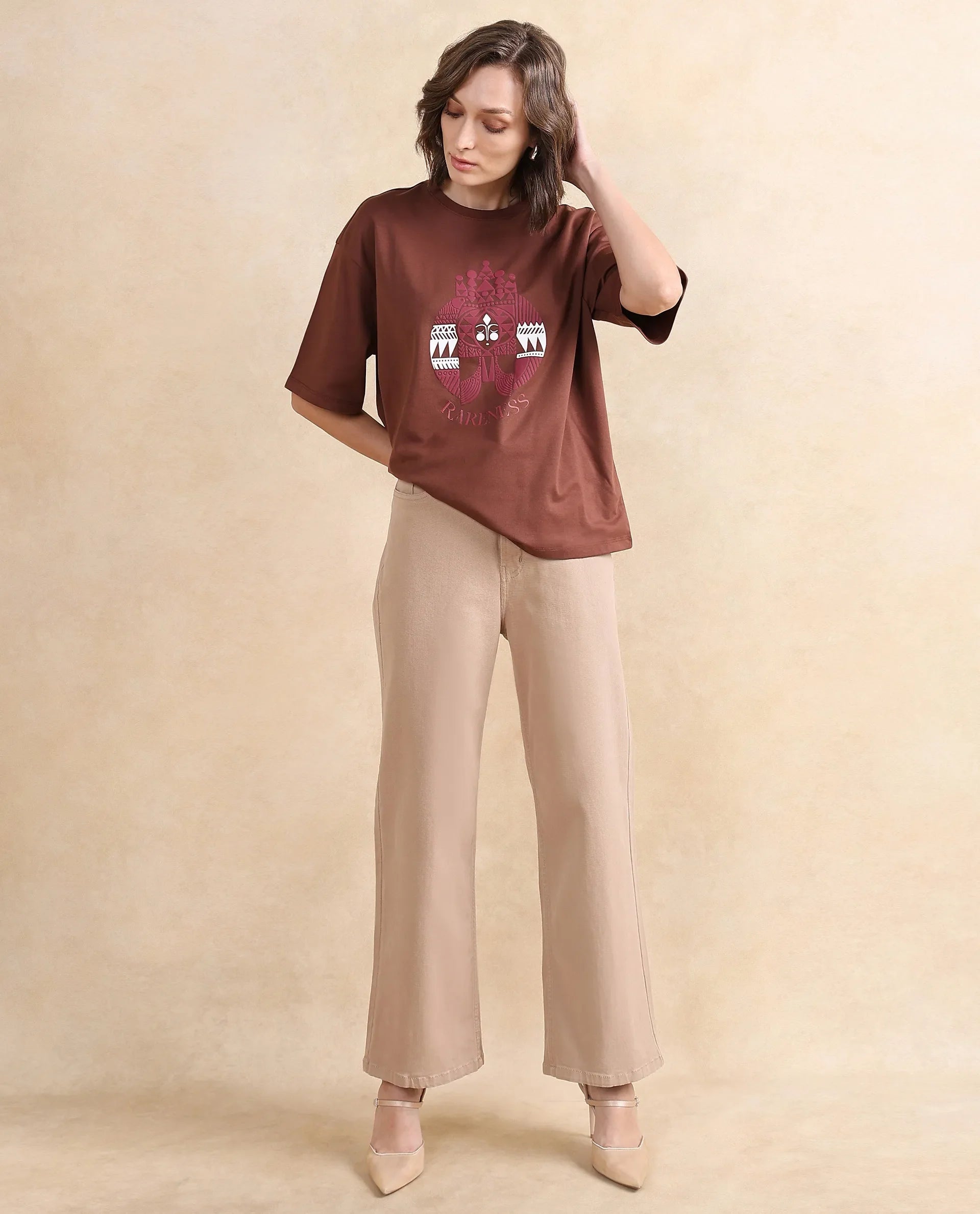 Rareism Women's Patch Brown Cotton Blend Crew Neck Graphic Print Oversized T-Shirt
