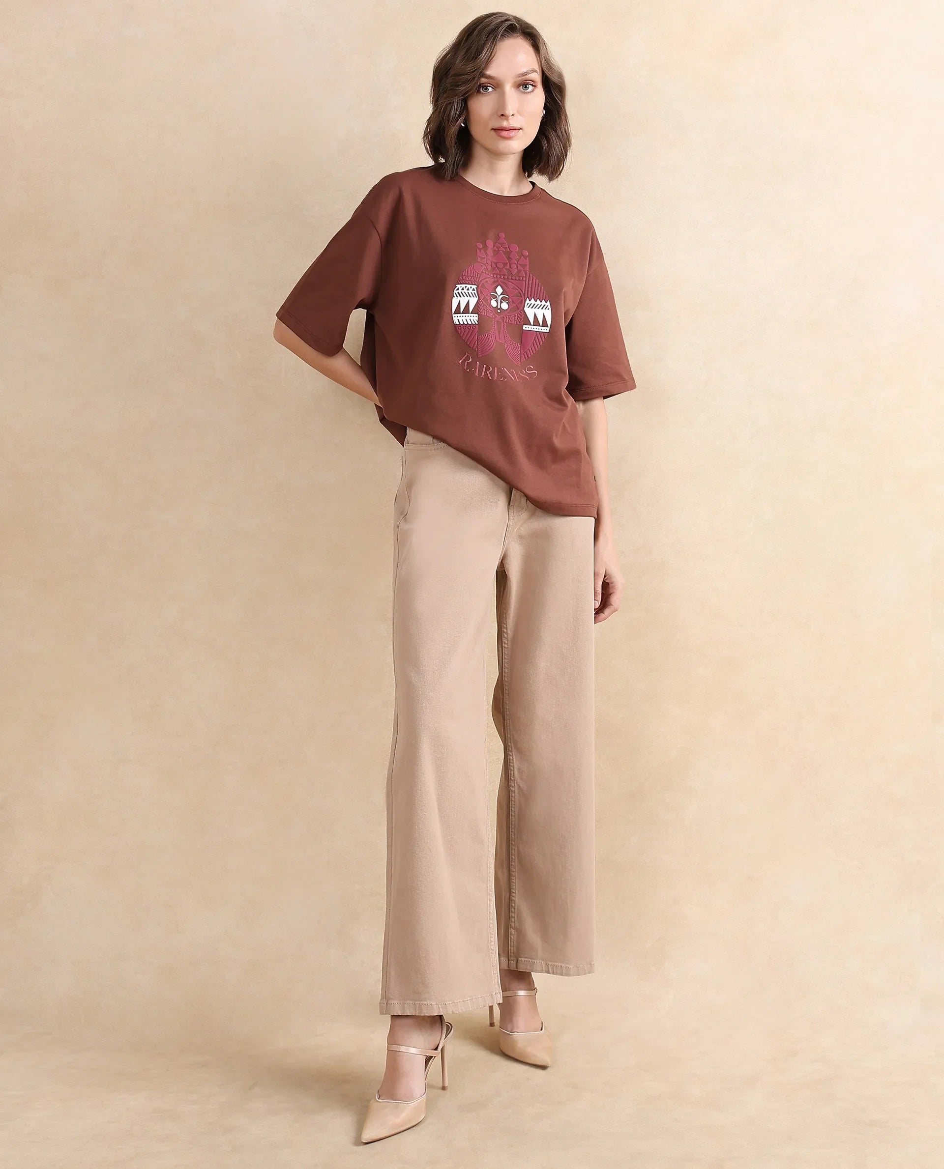 Rareism Women's Patch Brown Cotton Blend Crew Neck Graphic Print Oversized T-Shirt