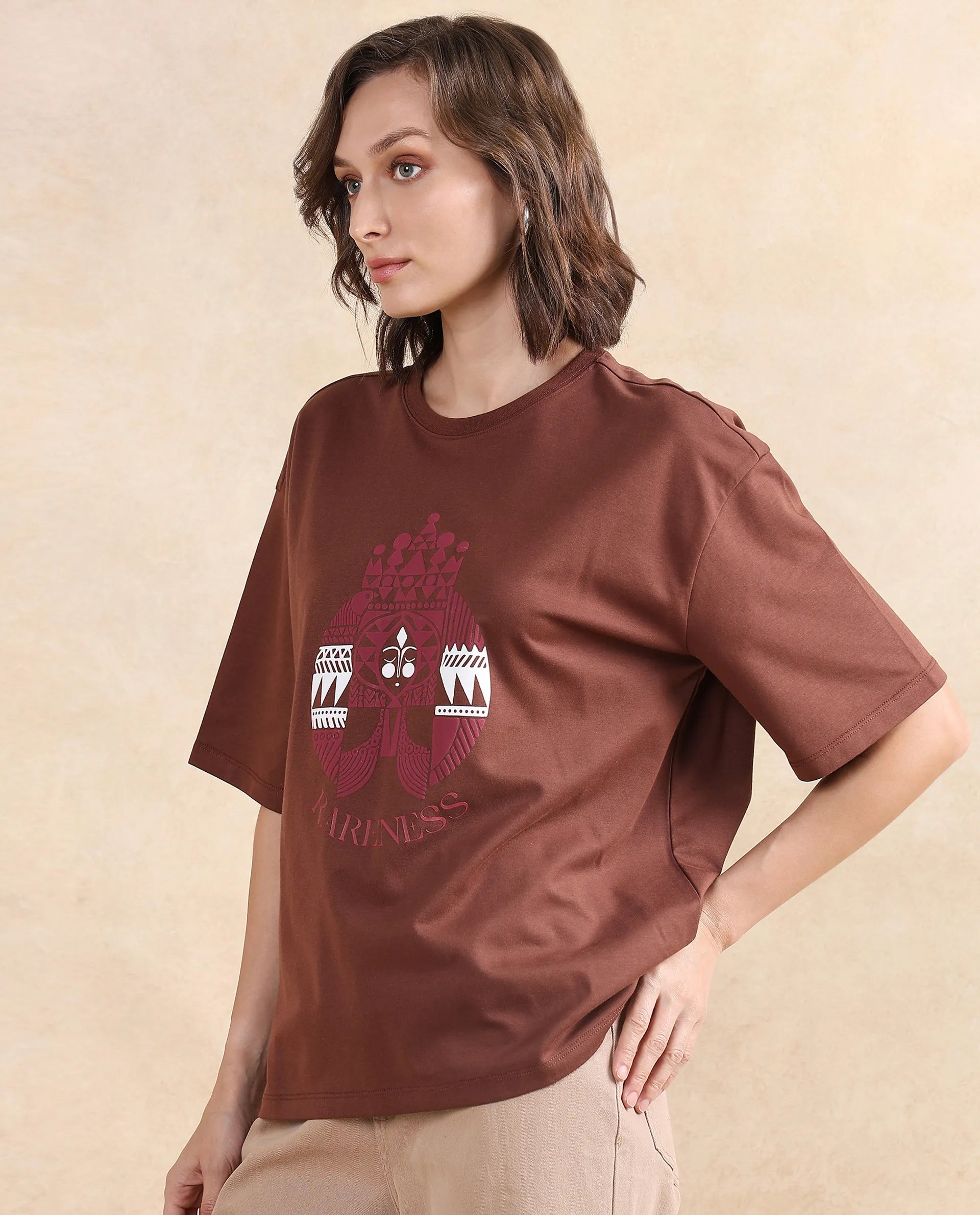 Rareism Women's Patch Brown Cotton Blend Crew Neck Graphic Print Oversized T-Shirt