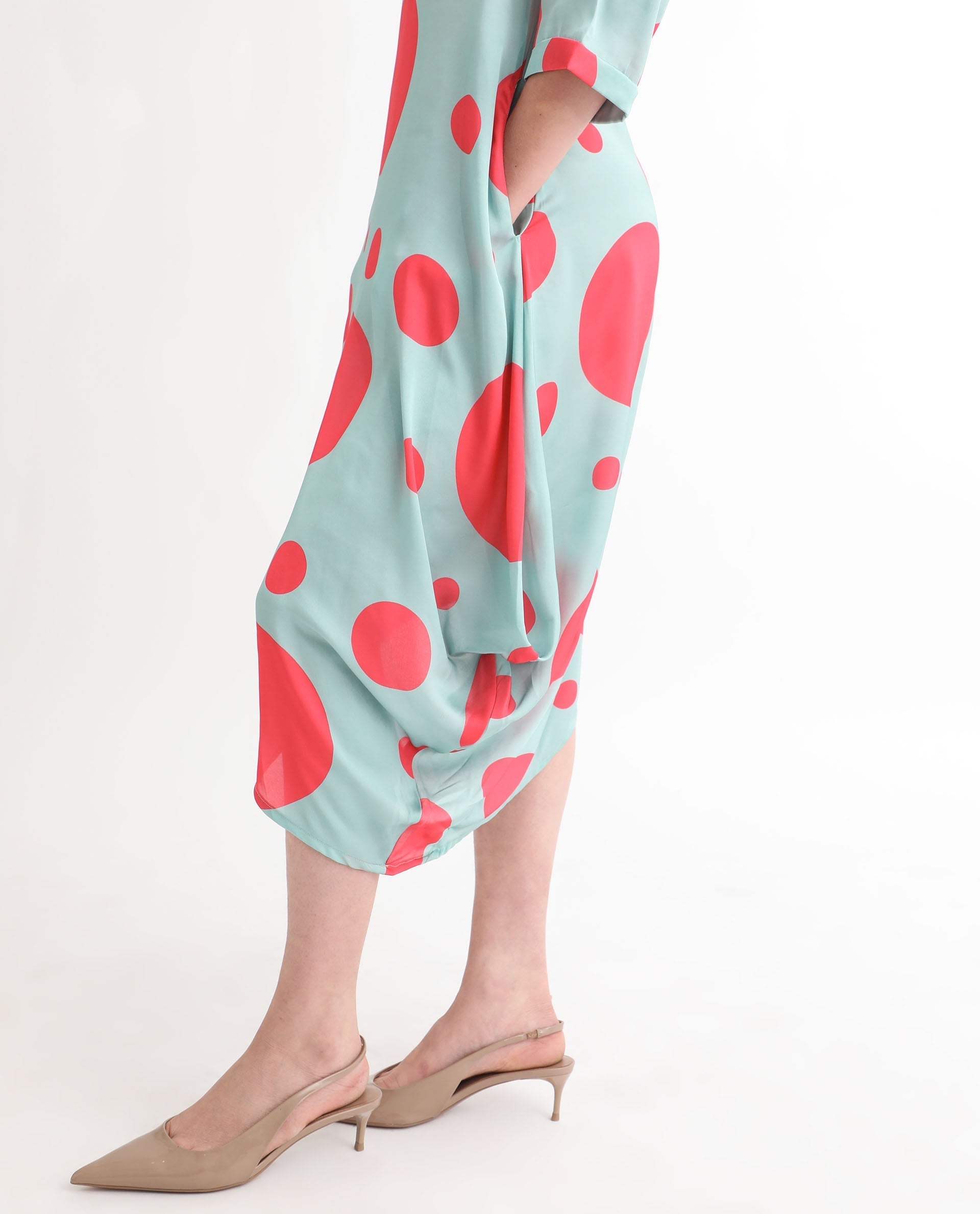 Rareism Women's Paterson Light Turq Polyester High Neck Polka Print Knee Length Slim Fit Dress