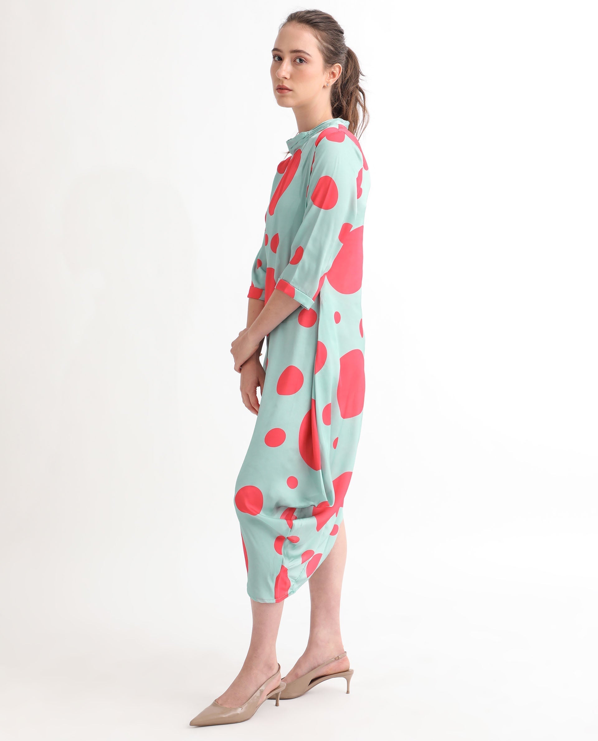 Rareism Women's Paterson Light Turq Polyester High Neck Polka Print Knee Length Slim Fit Dress