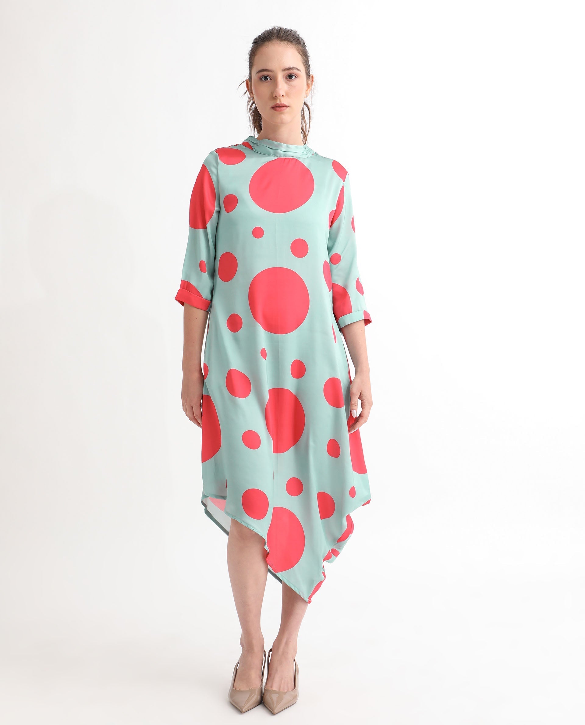 Rareism Women's Paterson Light Turq Polyester High Neck Polka Print Knee Length Slim Fit Dress