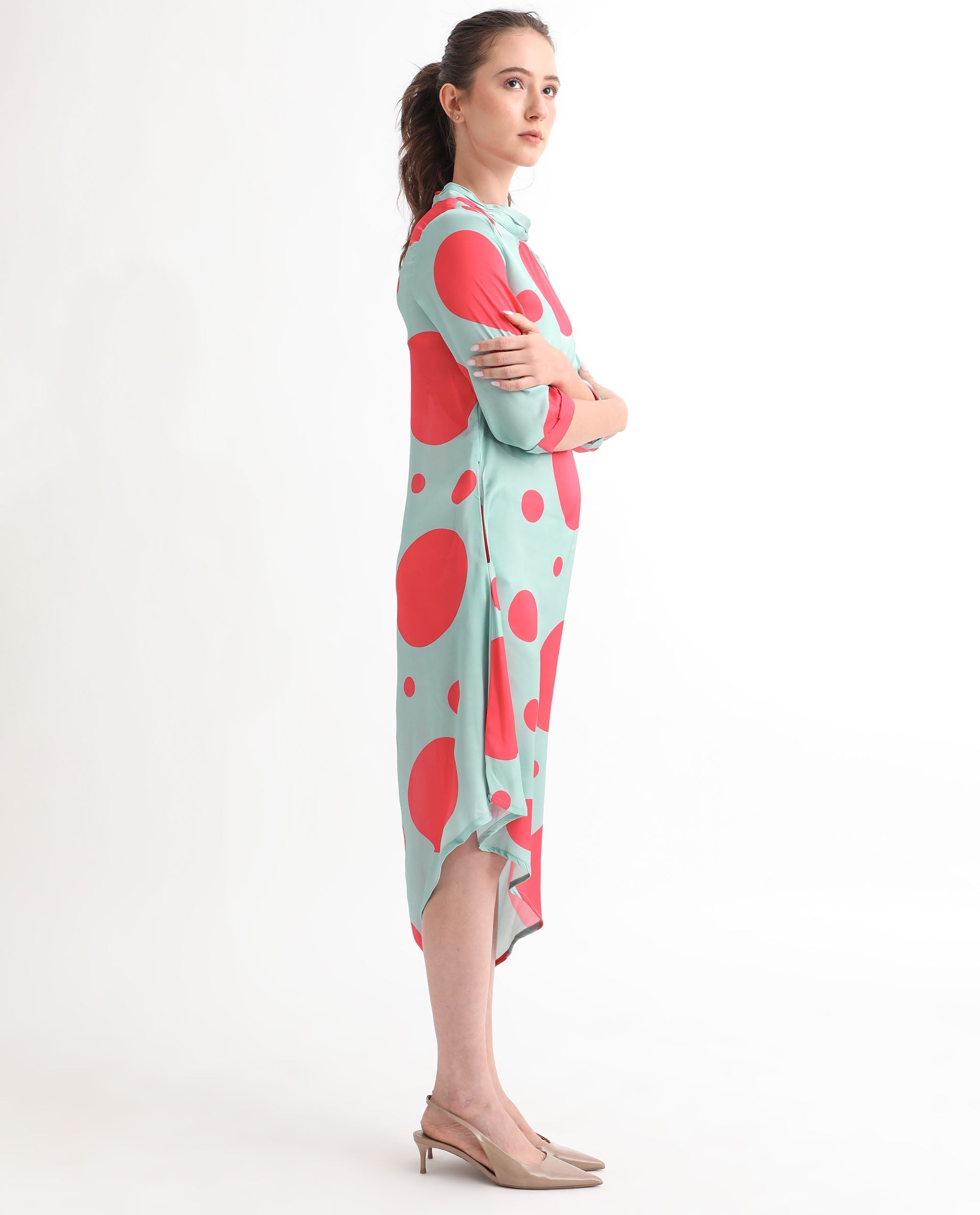 Rareism Women's Paterson Light Turq Polyester High Neck Polka Print Knee Length Slim Fit Dress