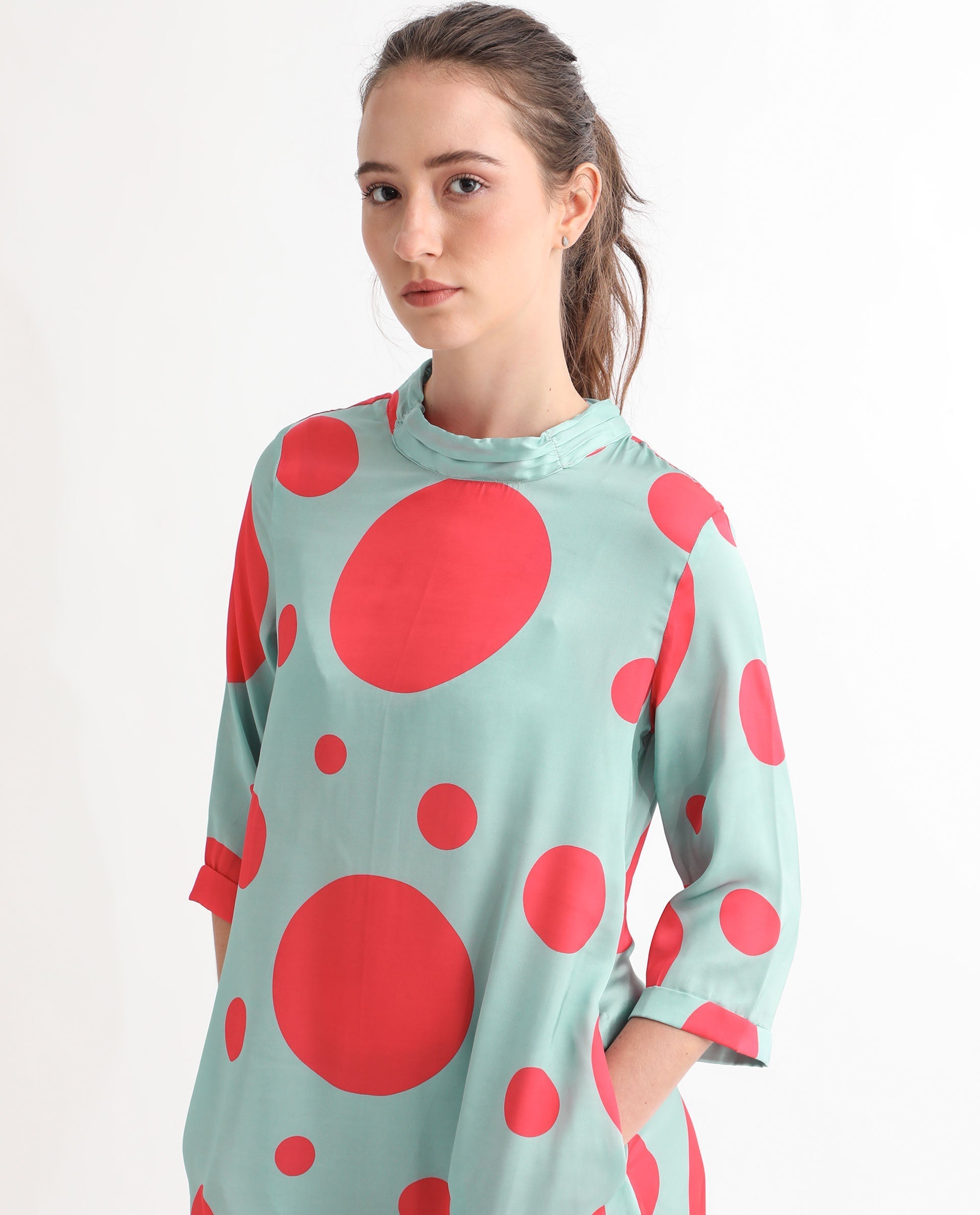 Rareism Women's Paterson Light Turq Polyester High Neck Polka Print Knee Length Slim Fit Dress