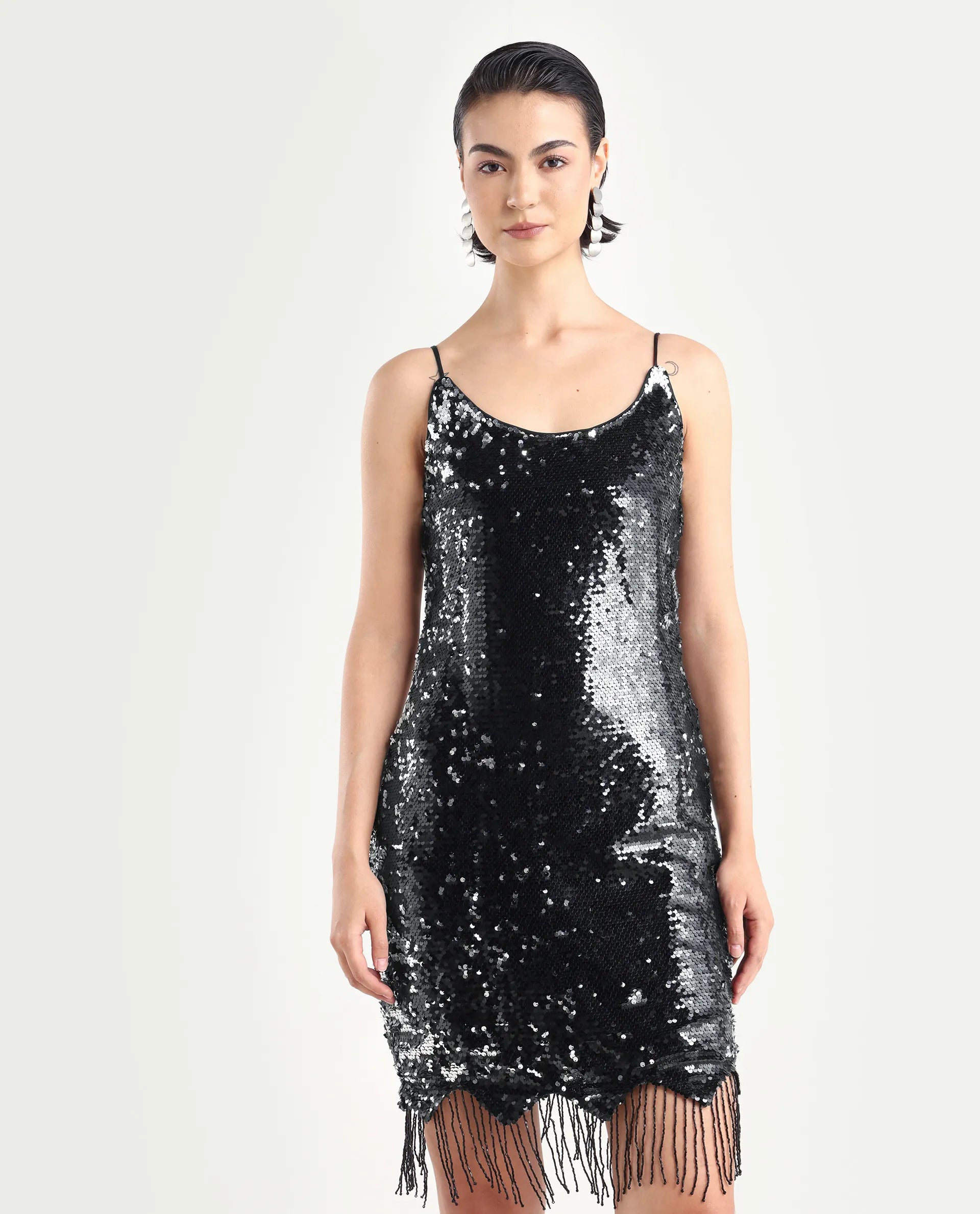 Rareism Women's Pau Sheen Black Polyester Shoulder Strap Sequined Shoulder Strap Mini Regular Fit Dress