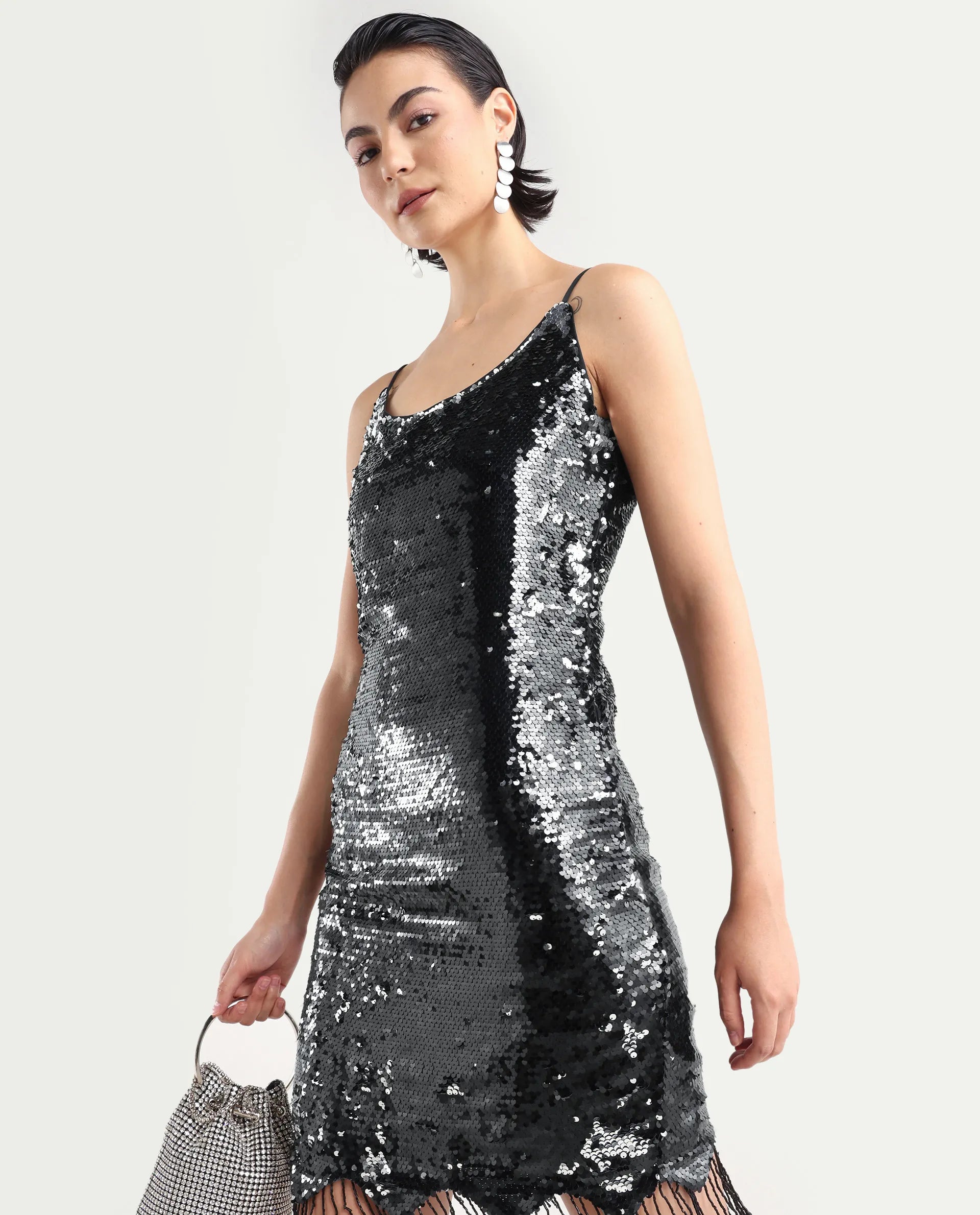 Rareism Women's Pau Sheen Black Polyester Shoulder Strap Sequined Shoulder Strap Mini Regular Fit Dress