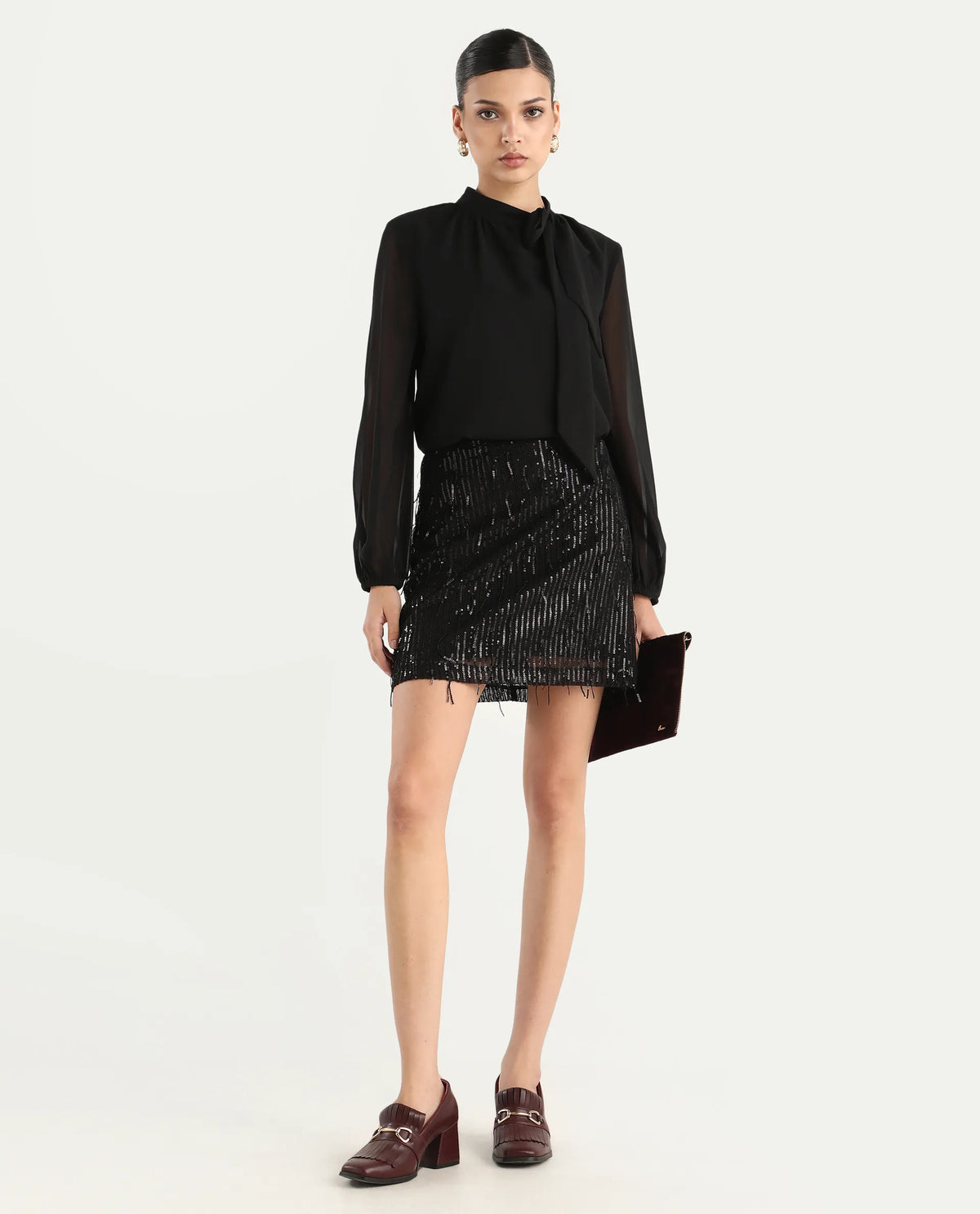 Rareism Women's Paulo Metallic Black Cotton Sequined Mini Regular Fit Skirt