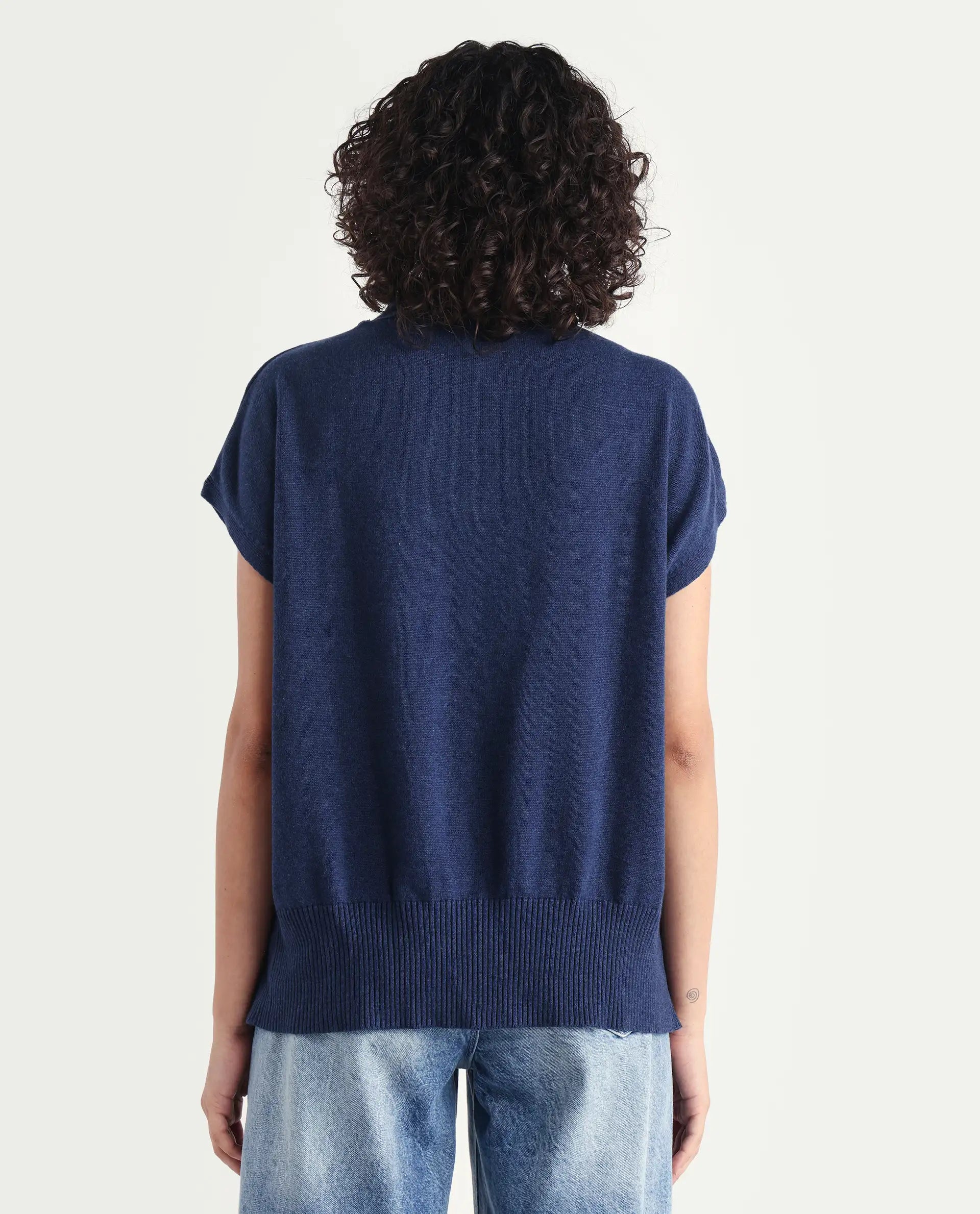 Rareism Women's Pave Blue Cotton V-Neck Plain Extended Sleeves Regular Fit Sweater