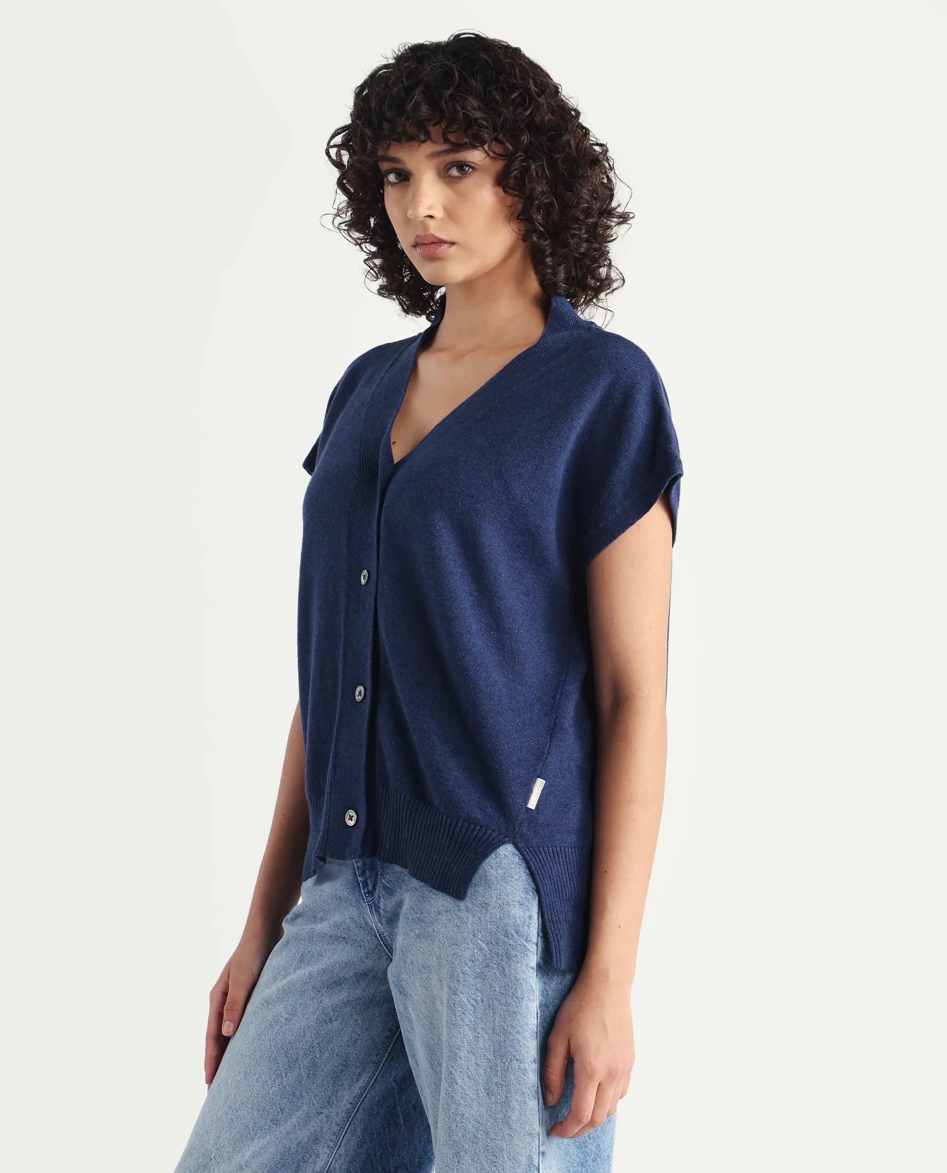 Rareism Women's Pave Blue Cotton V-Neck Plain Extended Sleeves Regular Fit Sweater