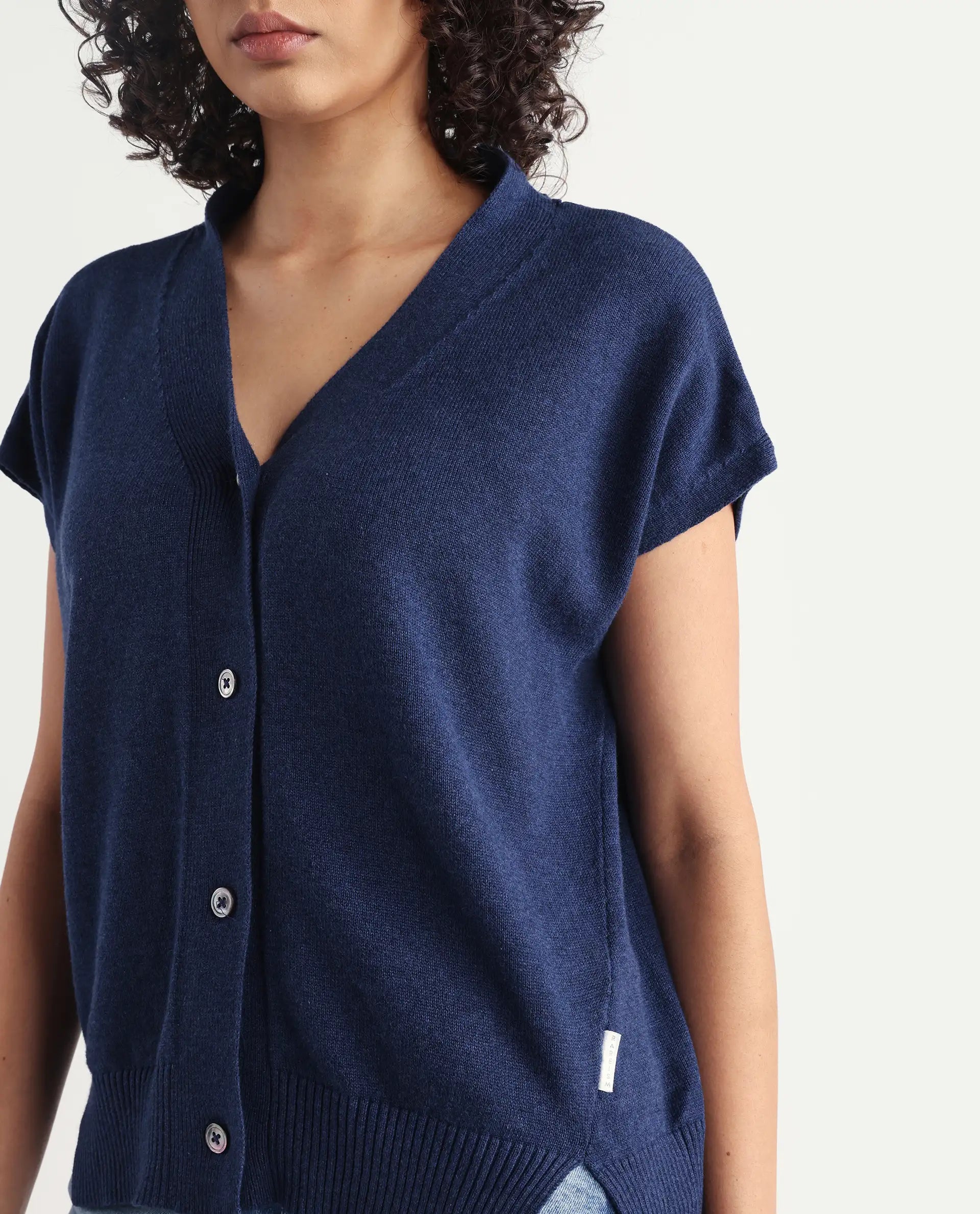 Rareism Women's Pave Blue Cotton V-Neck Plain Extended Sleeves Regular Fit Sweater