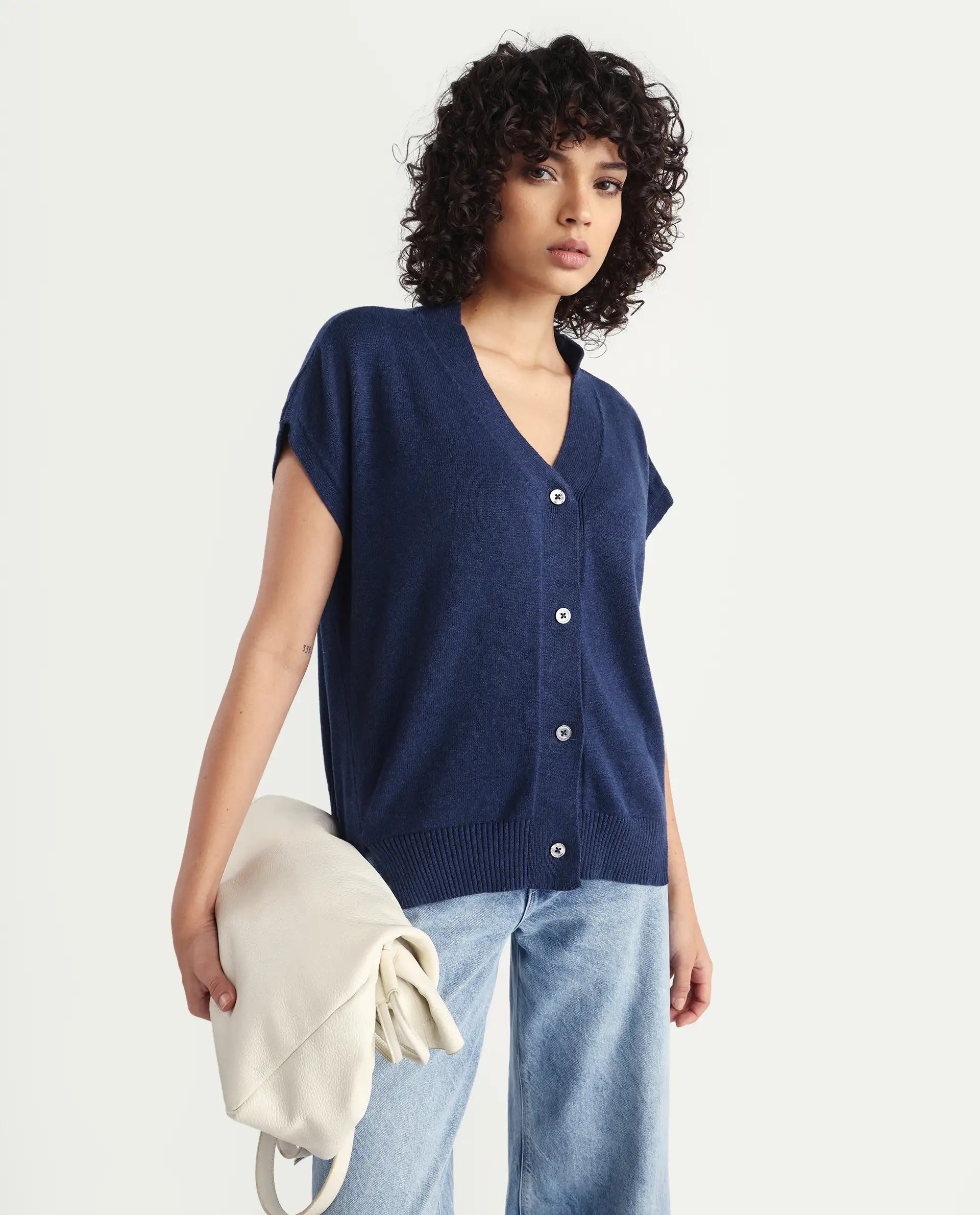 Rareism Women's Pave Blue Cotton V-Neck Plain Extended Sleeves Regular Fit Sweater