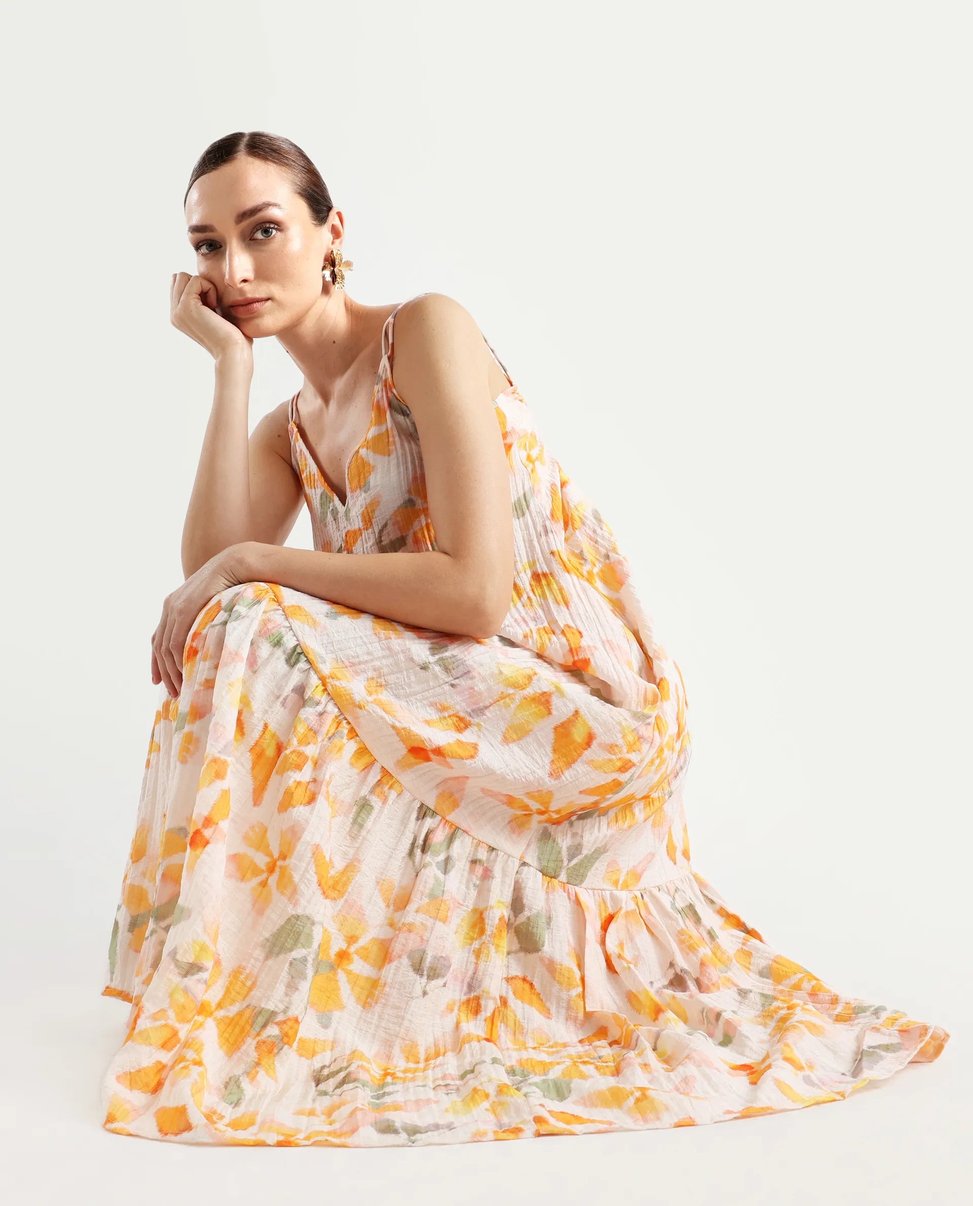 Rareism Women's Pavia Multi Nylon Blend Shoulder Strap Floral Print Sleeveless Maxi Regular Fit Dress