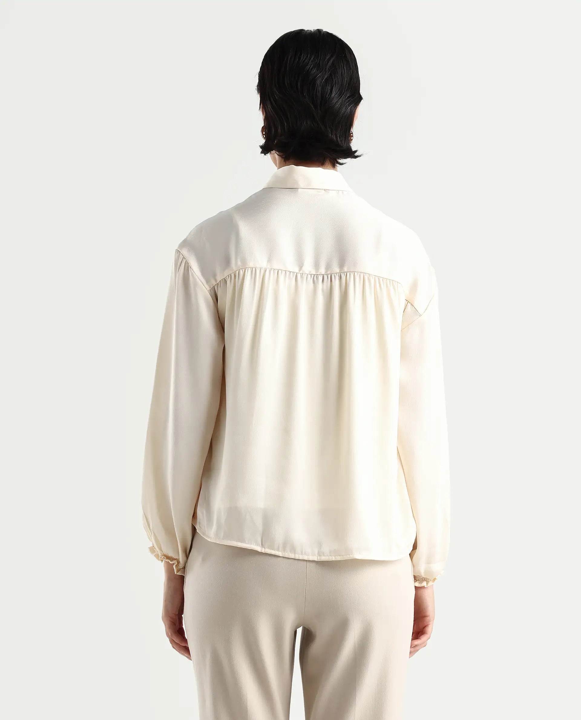 Rareism Women's Paxo Offwhite Polyester Blend Tie-Up Neck Plain Regular Fit Top
