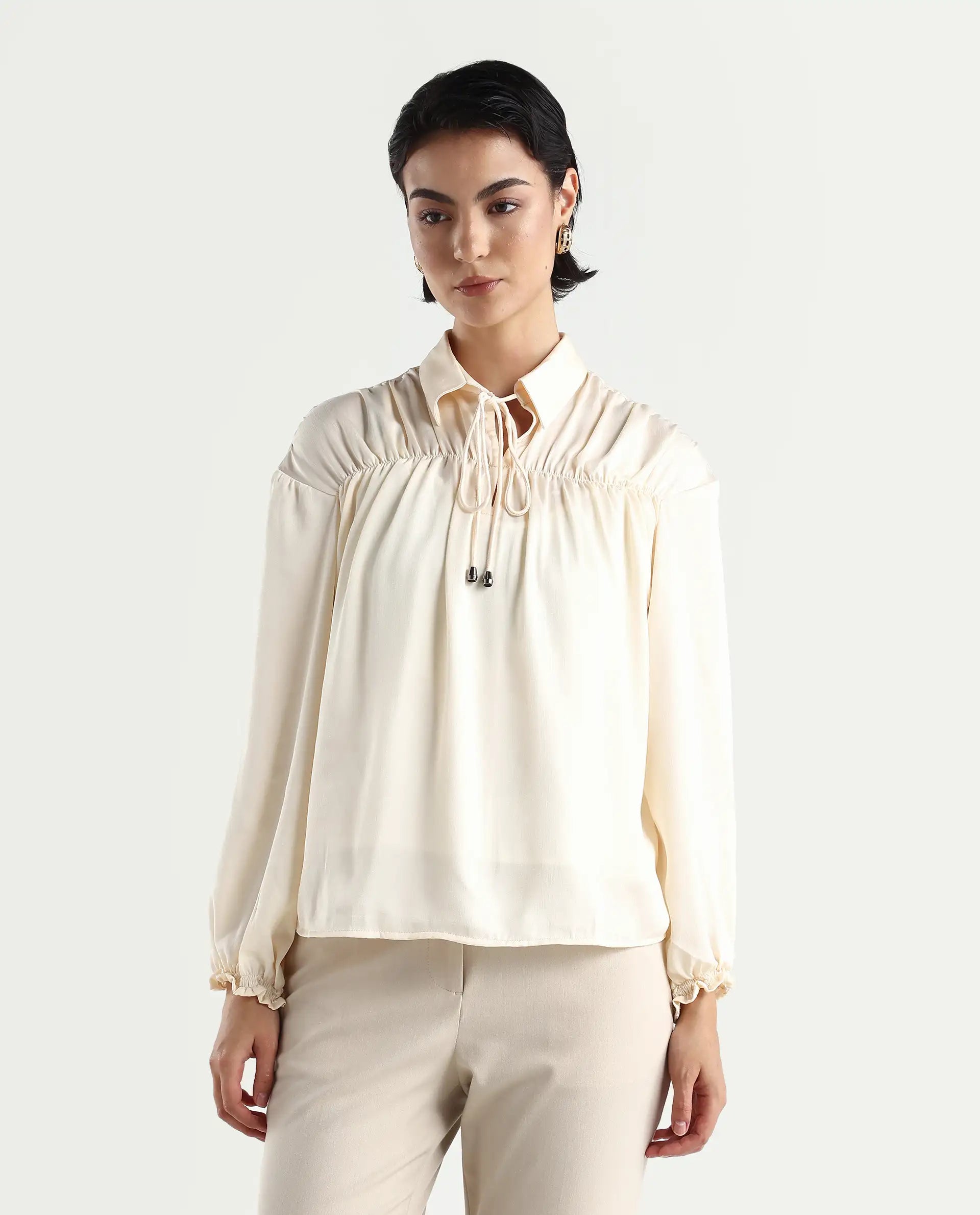 Rareism Women's Paxo Offwhite Polyester Blend Tie-Up Neck Plain Regular Fit Top